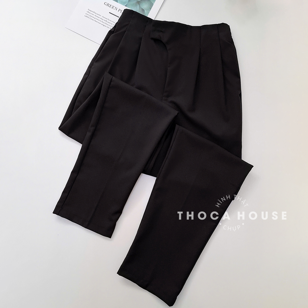 Mô tả Quần tây nữ baggy công sở lưng thun nút lệch THOCA HOUSE trơn đen, quần baggy nữ chuẩn form tôn chân - 1