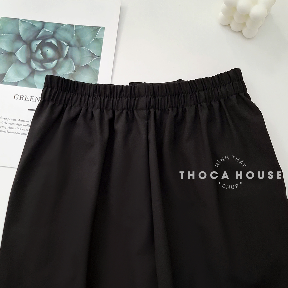 Mô tả Quần tây nữ baggy công sở lưng thun nút lệch THOCA HOUSE trơn đen, quần baggy nữ chuẩn form tôn chân - 3
