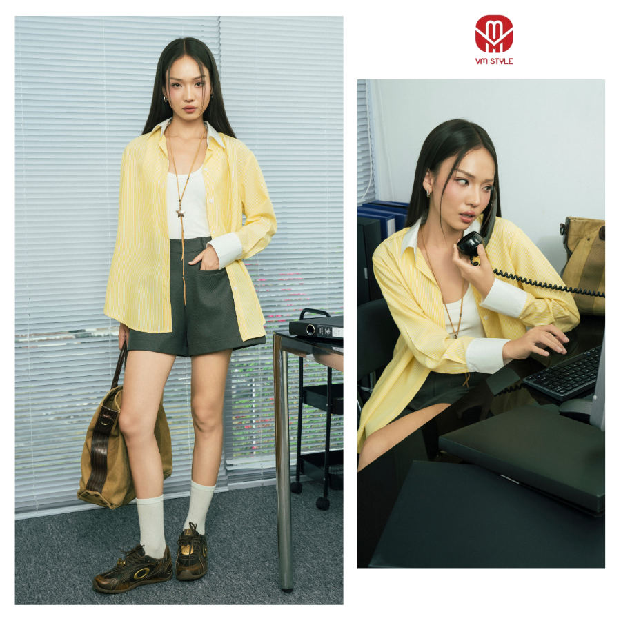 Mô tả Áo Sơ Mi VM STYLE Chất Đũi Hàn Quốc Form Rộng Họa Tiết Sọc Phối Đơn Giản SMU00251 - 2