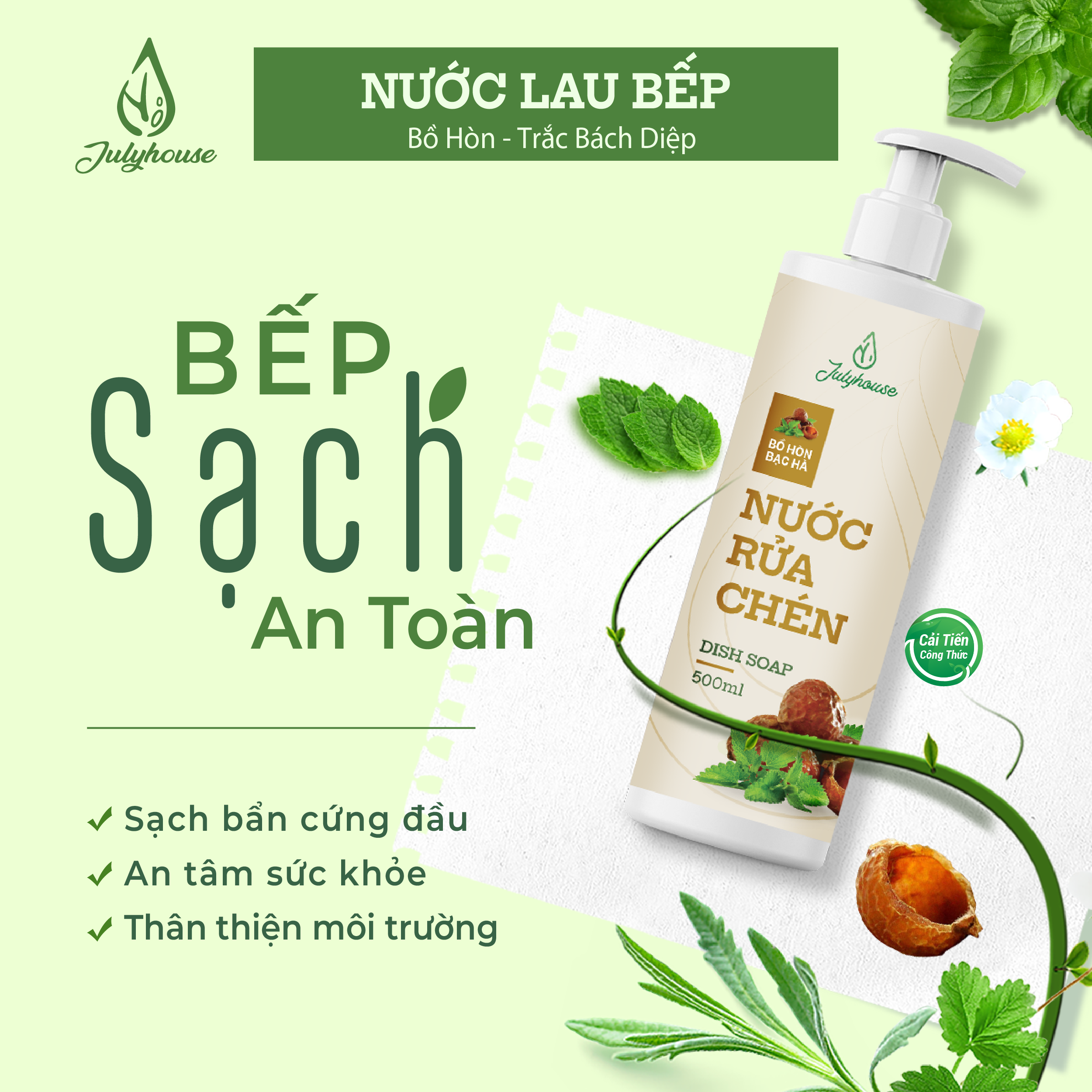 Mô tả Nước rửa chén Julyhouse 500ml hữu cơ chiết xuất từ Bồ Hòn và tinh dầu Bạc hà khử mùi, an toàn lành tính - 1