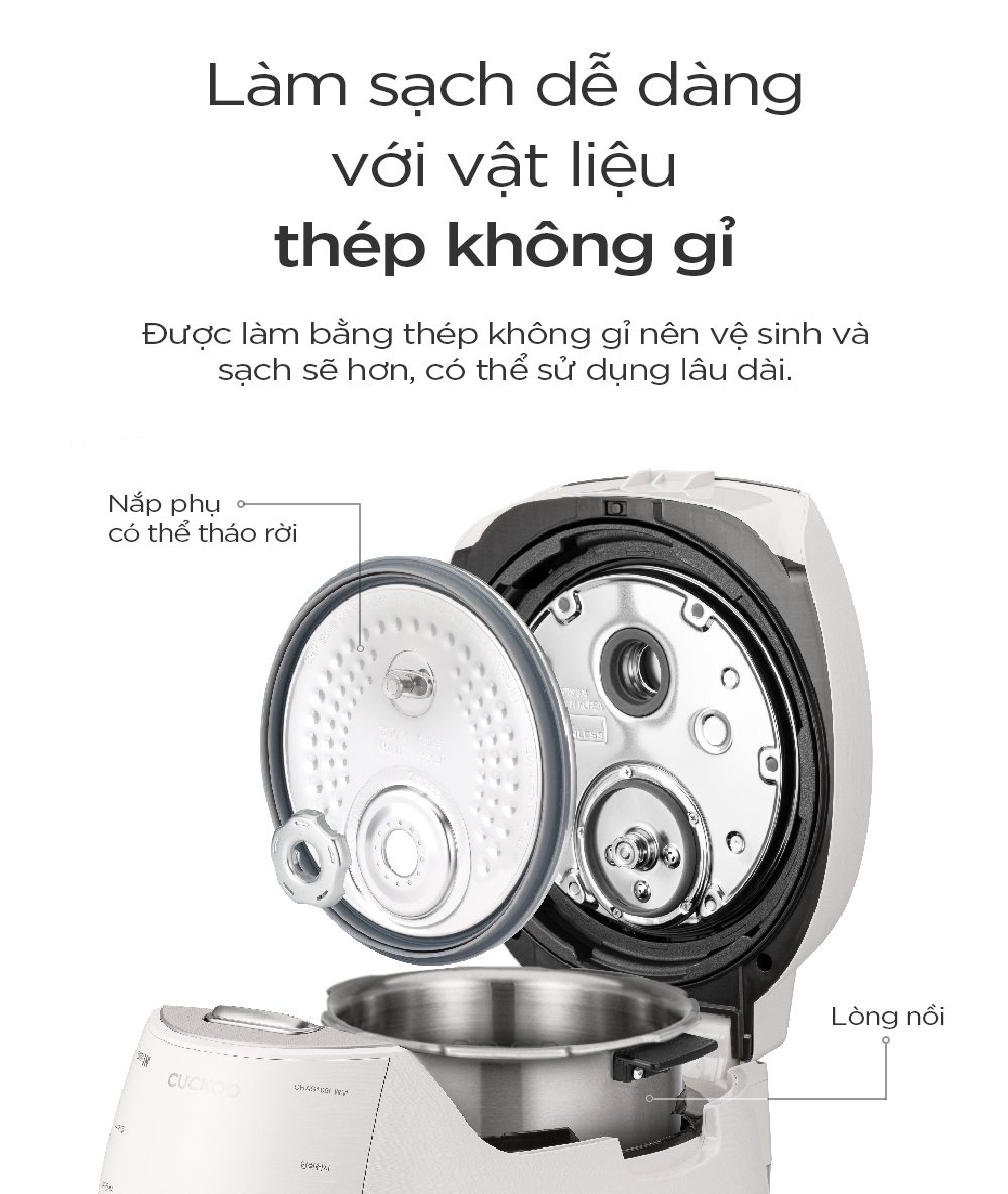 Mô tả Nồi cơm điện tử áp suất cao tần Cuckoo 1.8L CRP-CHAS109FW (Màu Trắng) - Lòng nồi INOX chống trầy xước - Cuckoovina - 6