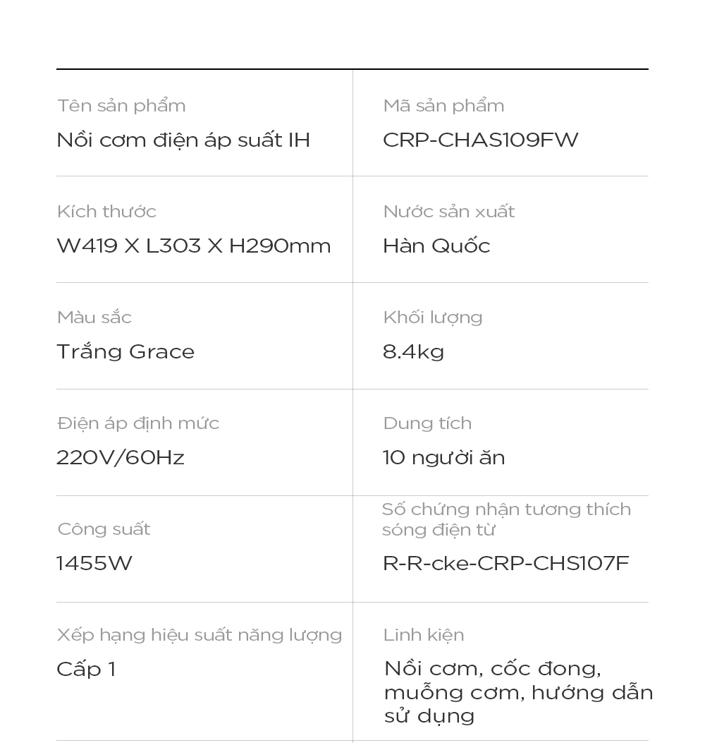 Mô tả Nồi cơm điện tử áp suất cao tần Cuckoo 1.8L CRP-CHAS109FW (Màu Trắng) - Lòng nồi INOX chống trầy xước - Cuckoovina - 10