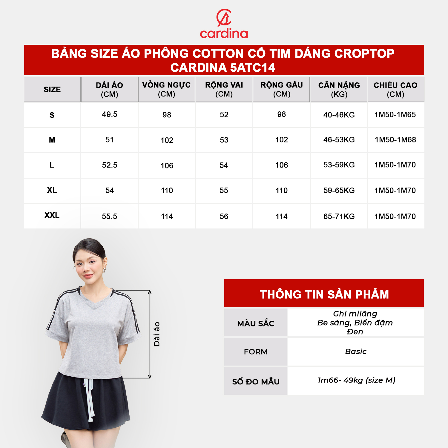 Mô tả Áo phông CARDINA chất liệu cotton kiểu cổ tim dáng croptop trẻ trung năng động 5ATC14 - 1