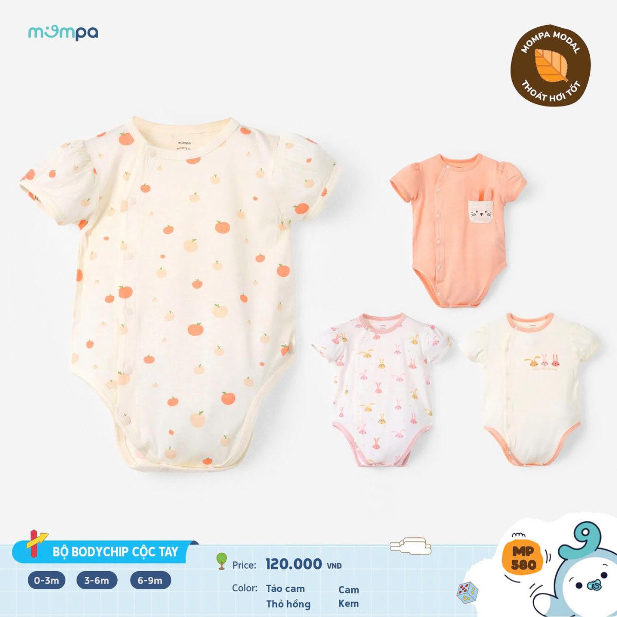 Mô tả Bodychip cho bé sơ sinh Mompa cộc tay cúc bấm 0-9 tháng vải Modal thấm hút mềm mại thoáng khí 580 - 1