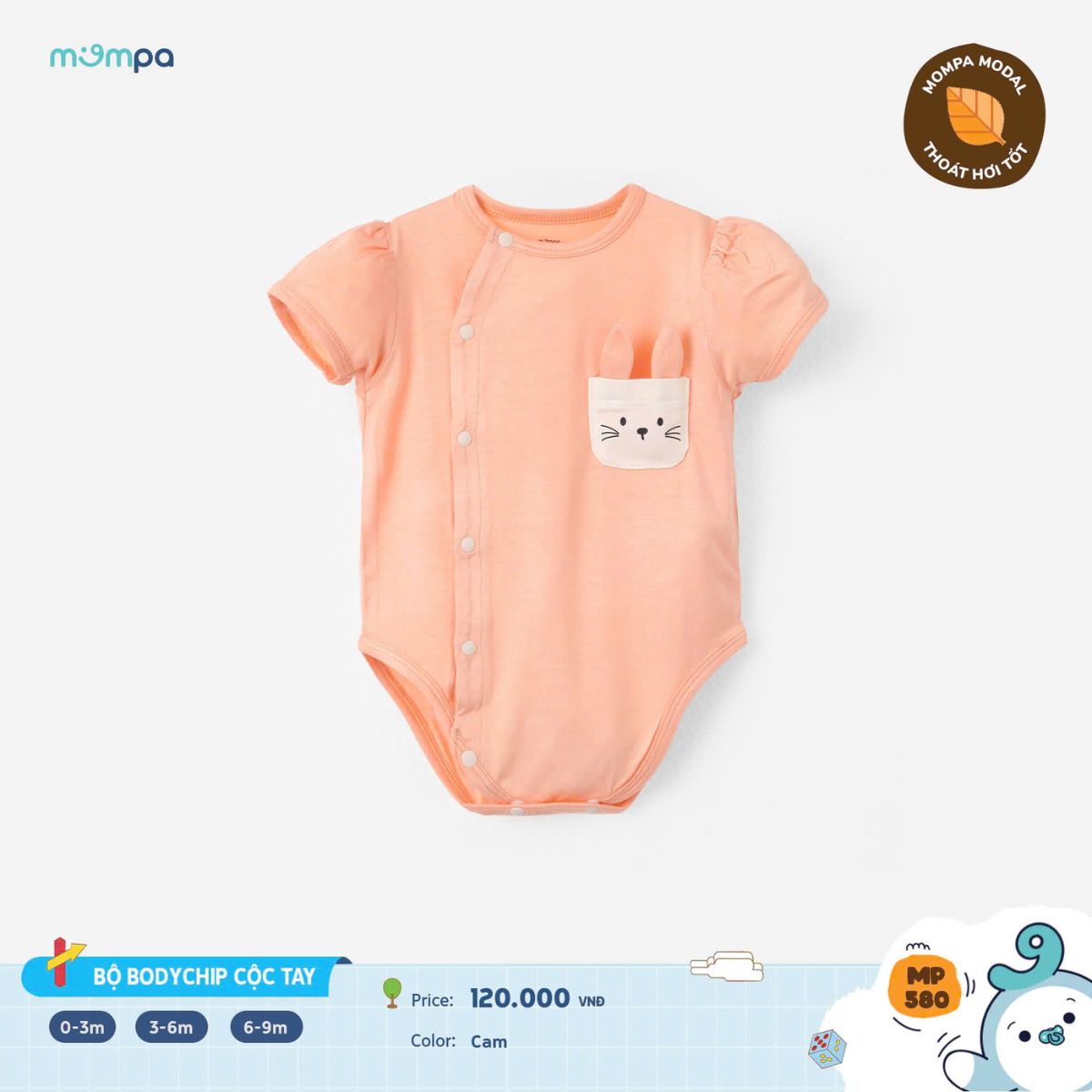 Mô tả Bodychip cho bé sơ sinh Mompa cộc tay cúc bấm 0-9 tháng vải Modal thấm hút mềm mại thoáng khí 580 - 5