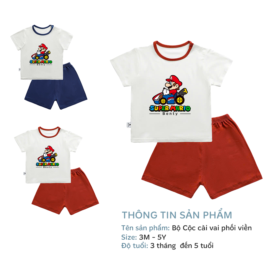 Mô tả Bộ cộc tay cài vai phối viền in hình Super Mario BENTY BT111 mát mềm mịn, đồ bộ cho bé chính hãng - 1