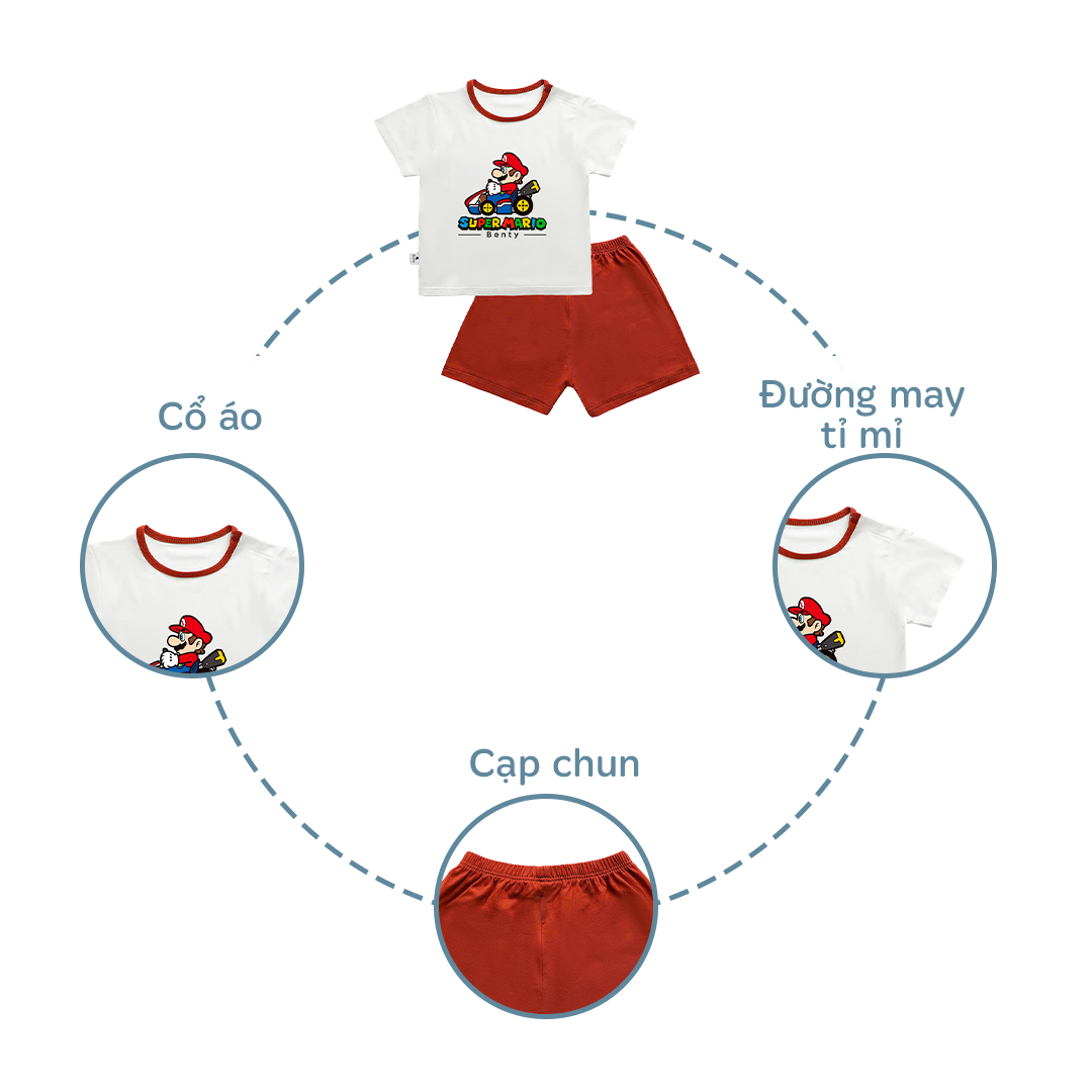 Mô tả Bộ cộc tay cài vai phối viền in hình Super Mario BENTY BT111 mát mềm mịn, đồ bộ cho bé chính hãng - 2
