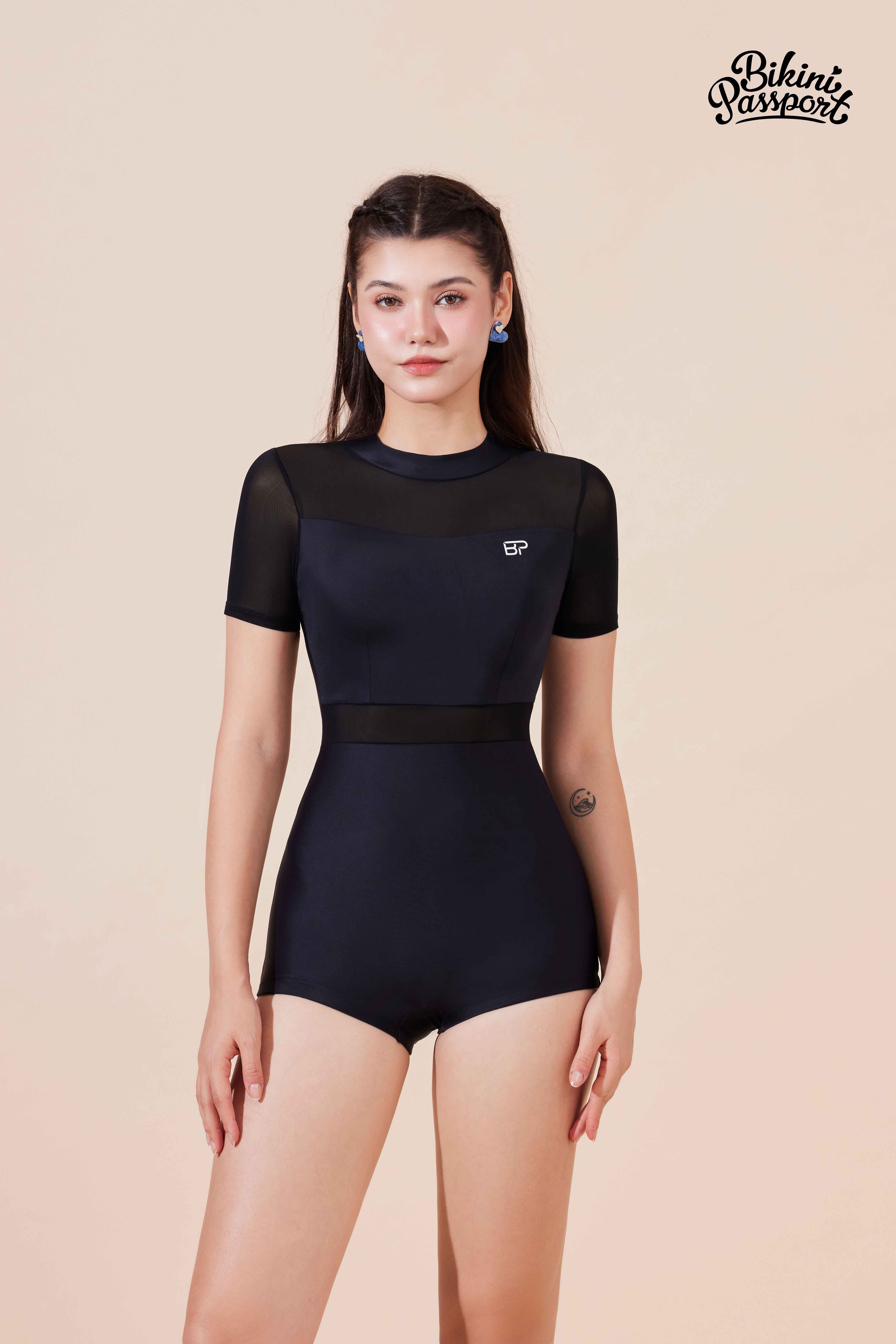 Mô tả Đồ bơi nữ Bikini Passport kiểu một mảnh tay ngắn kín đáo, phối lưới - màu Đen - BS412_BL - 4