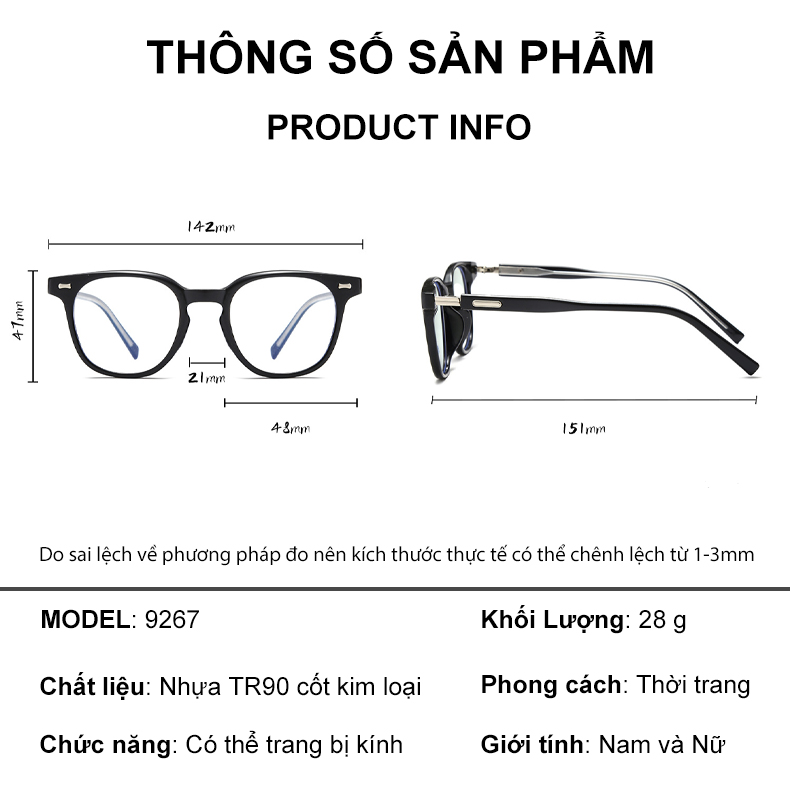 Mô tả Gọng kính cận thời trang nam nữ ANDU dáng vuông Hàn Quốc hot trend nhựa cốt kim loại - 9267 - 2