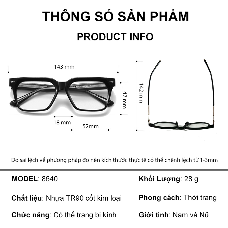 Mô tả Gọng kính cận thời trang nam nữ ANDU dáng vuông bản to cá tính, nhựa cốt kim loại - 8640 - 2