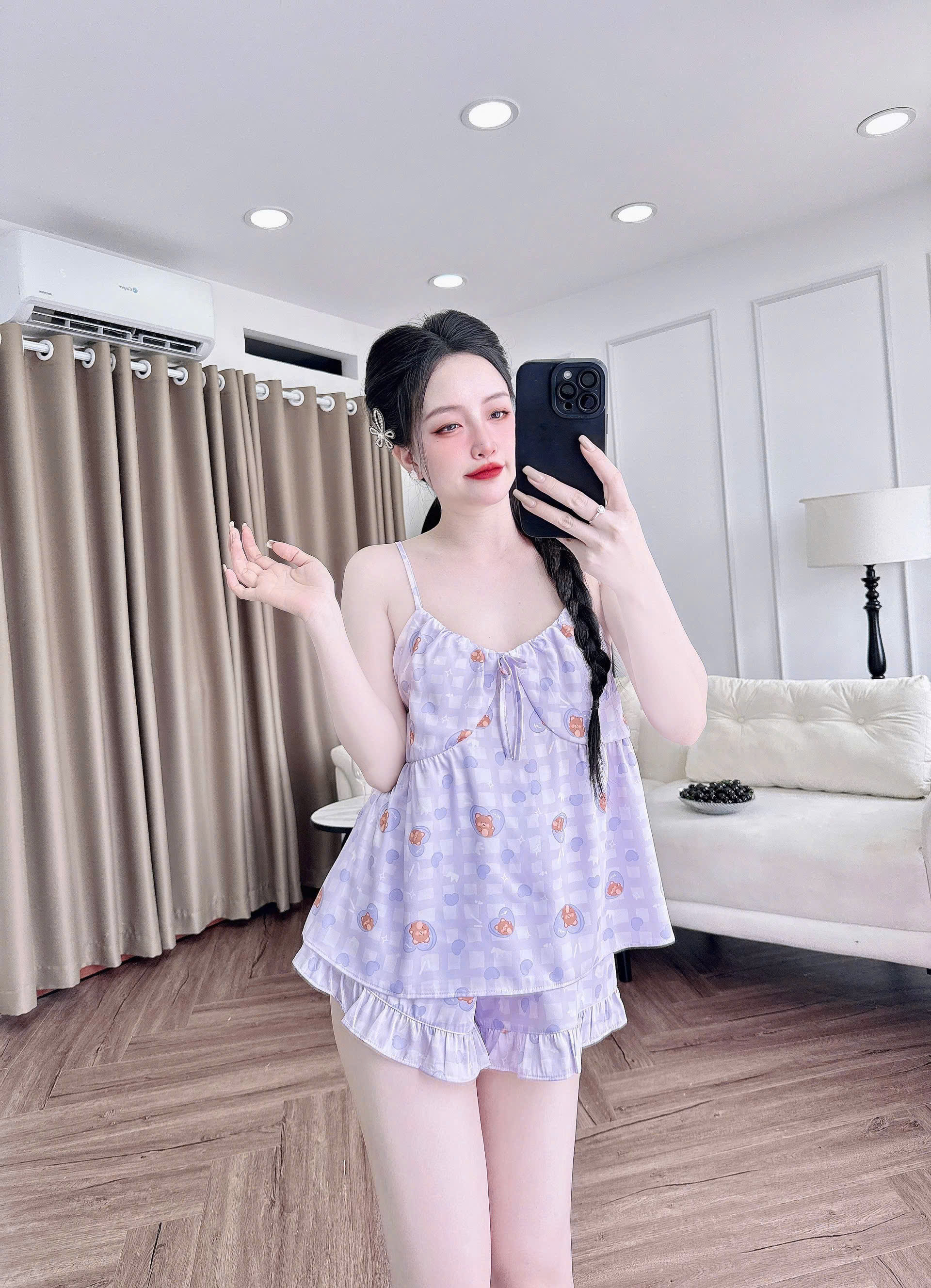 Mô tả Đồ Ngủ Sexy Nữ SOJUN Bộ 2 Dây Sexy Nhún Trơn 1 size 45 - 63Kg - 6