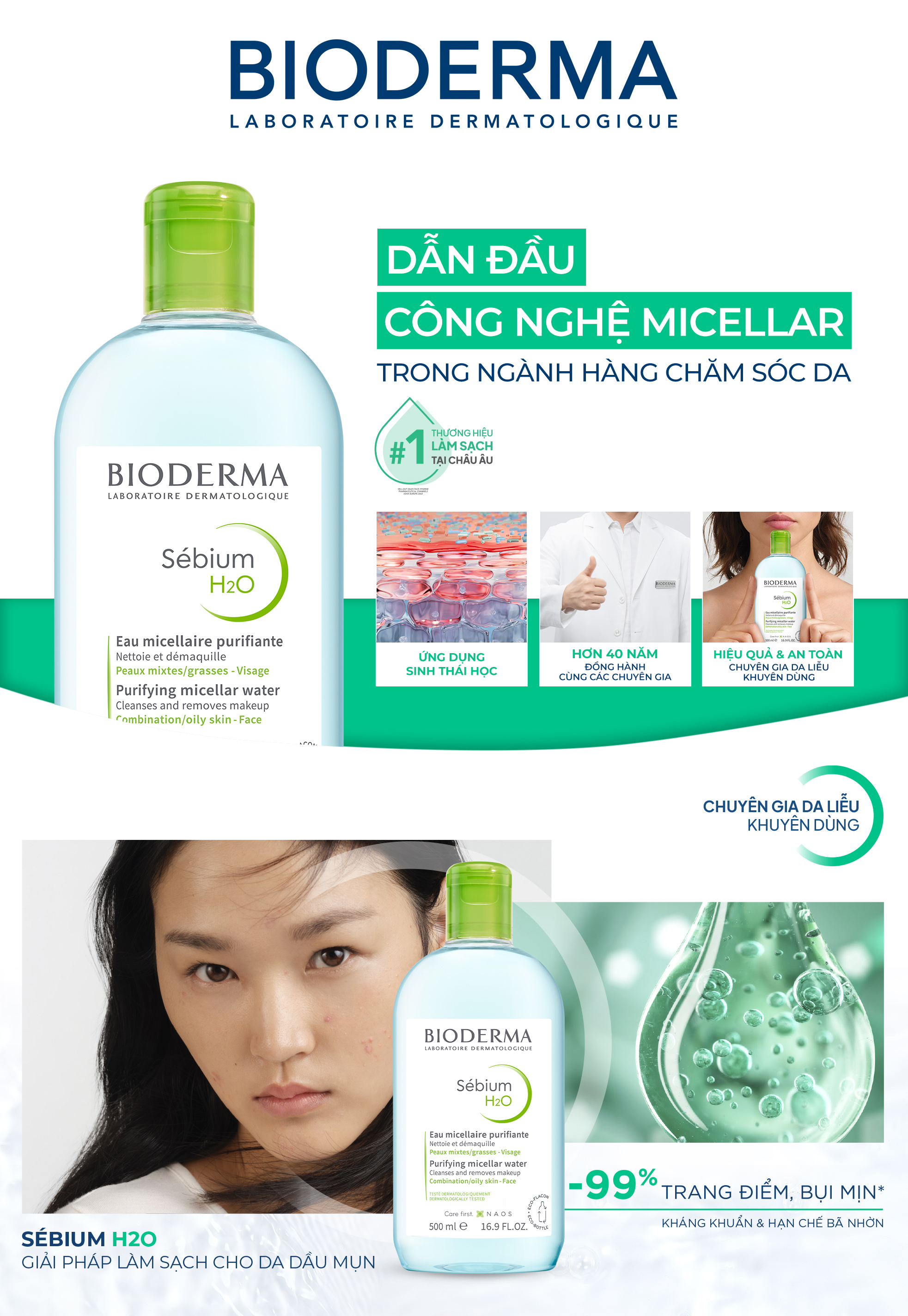 Mô tả Dung dịch làm sạch và tẩy trang công nghệ Micellar Bioderma Sebium H2O - 500ml - 1
