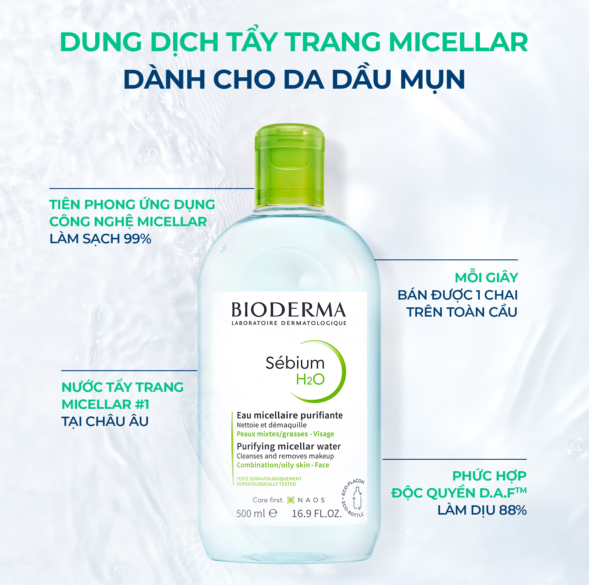 Mô tả Dung dịch làm sạch và tẩy trang công nghệ Micellar Bioderma Sebium H2O - 500ml - 2