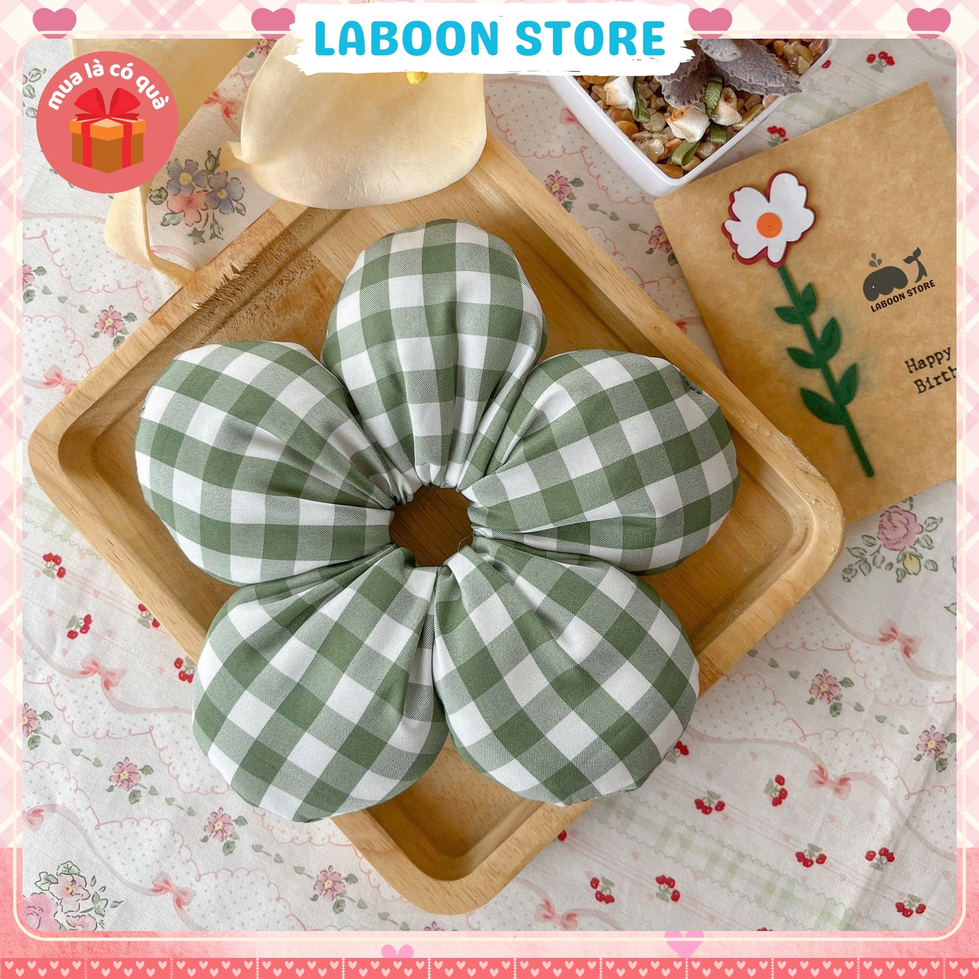 Mô tả Scrunchies bông Hoa 5 cánh LABOON chần bông mịn bên trong đứng form tóc dây buộc tóc vải đủi phồng - 5