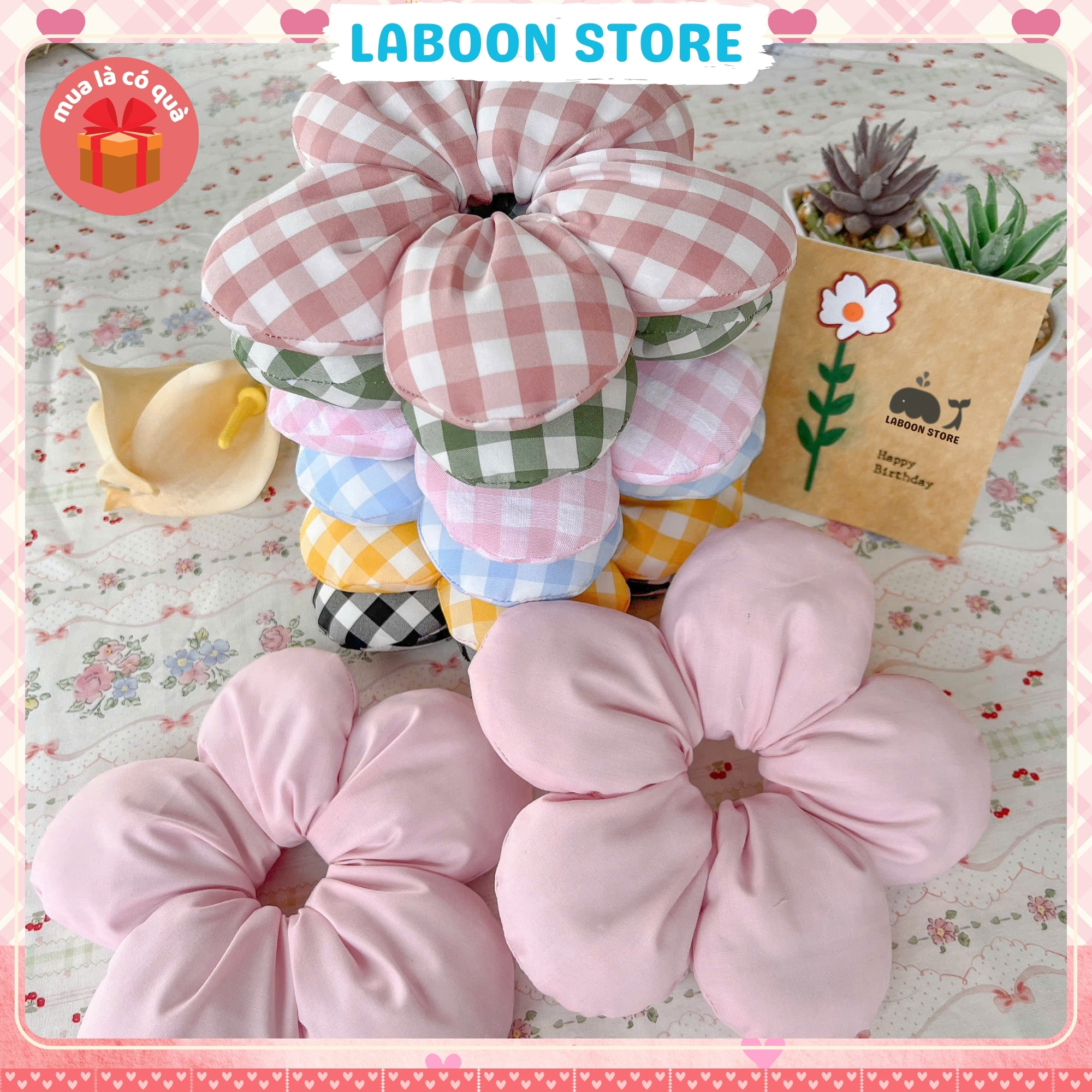 Mô tả Scrunchies bông Hoa 5 cánh LABOON chần bông mịn bên trong đứng form tóc dây buộc tóc vải đủi phồng - 2