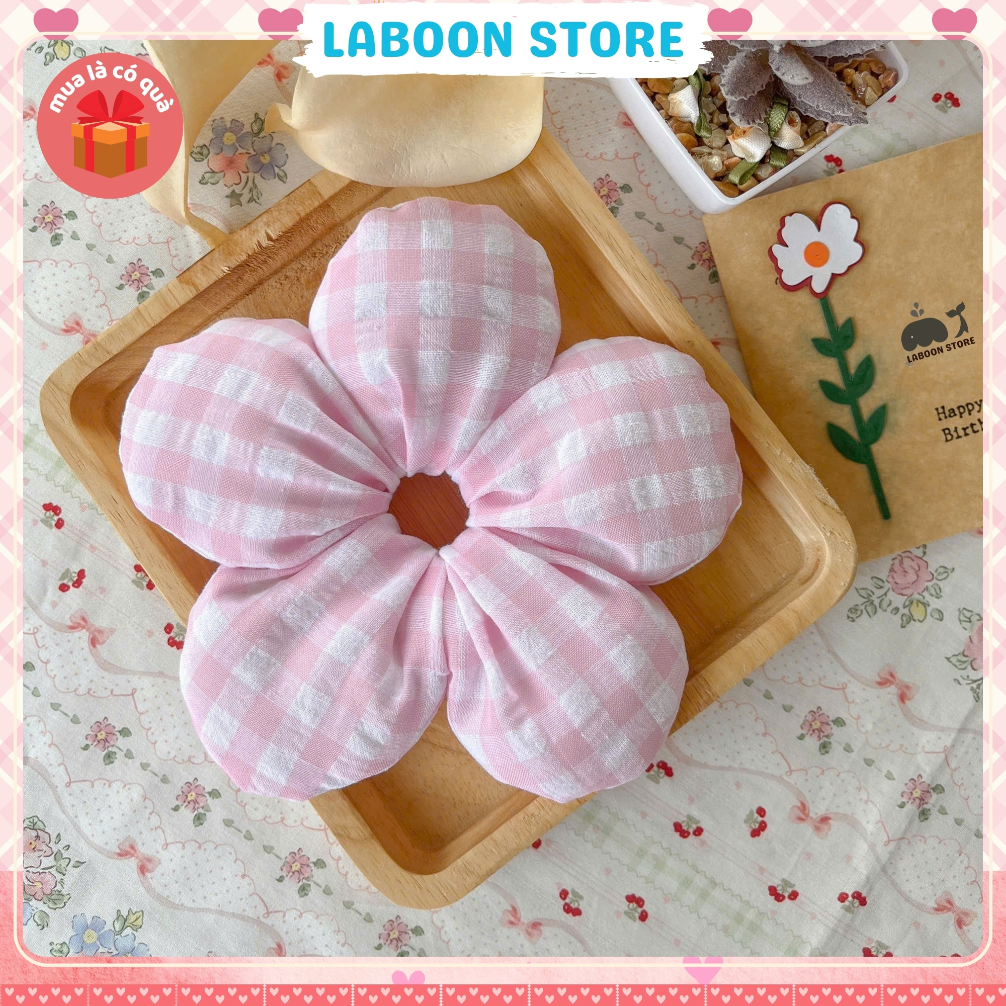 Mô tả Scrunchies bông Hoa 5 cánh LABOON chần bông mịn bên trong đứng form tóc dây buộc tóc vải đủi phồng - 3