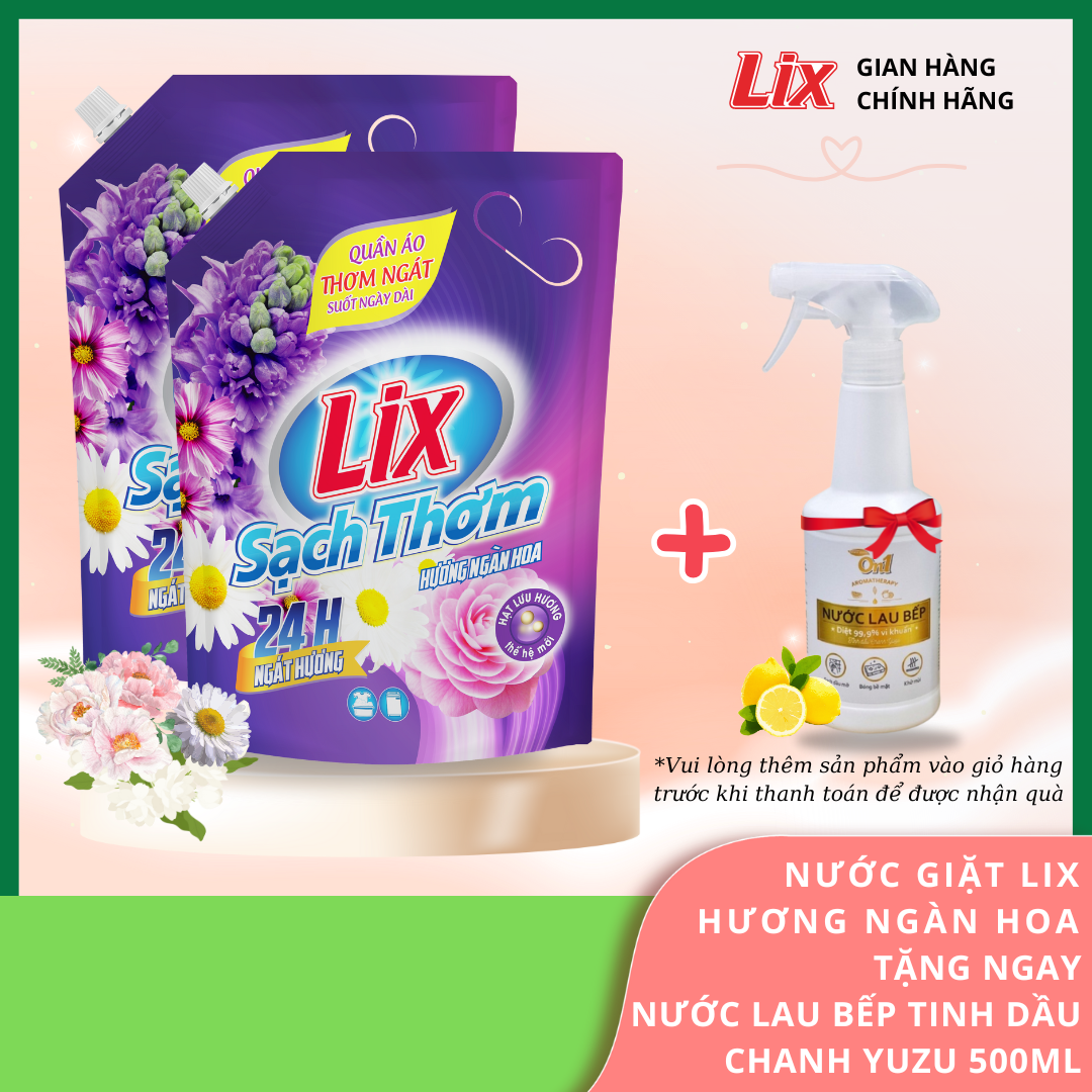 Mô tả Combo 2 túi nước giặt Lix sạch thơm hương ngàn hoa tặng 1 chai nước lau bếp tinh dầu chanh On1 500ml, 2C-N7403+N6701 - 1