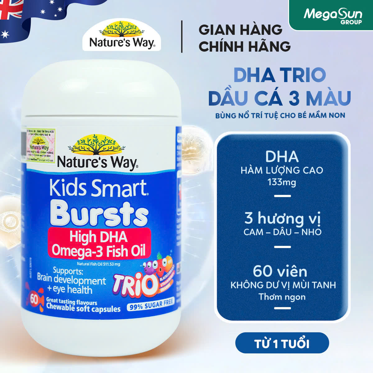 Mô tả Viên Nhai Dầu Cá Ba Màu Nature's Way Omega-3 Fish Oil Trio Hỗ Trợ Tốt Cho Não Bộ Và Mắt Cho Bé 60 Viên - 1