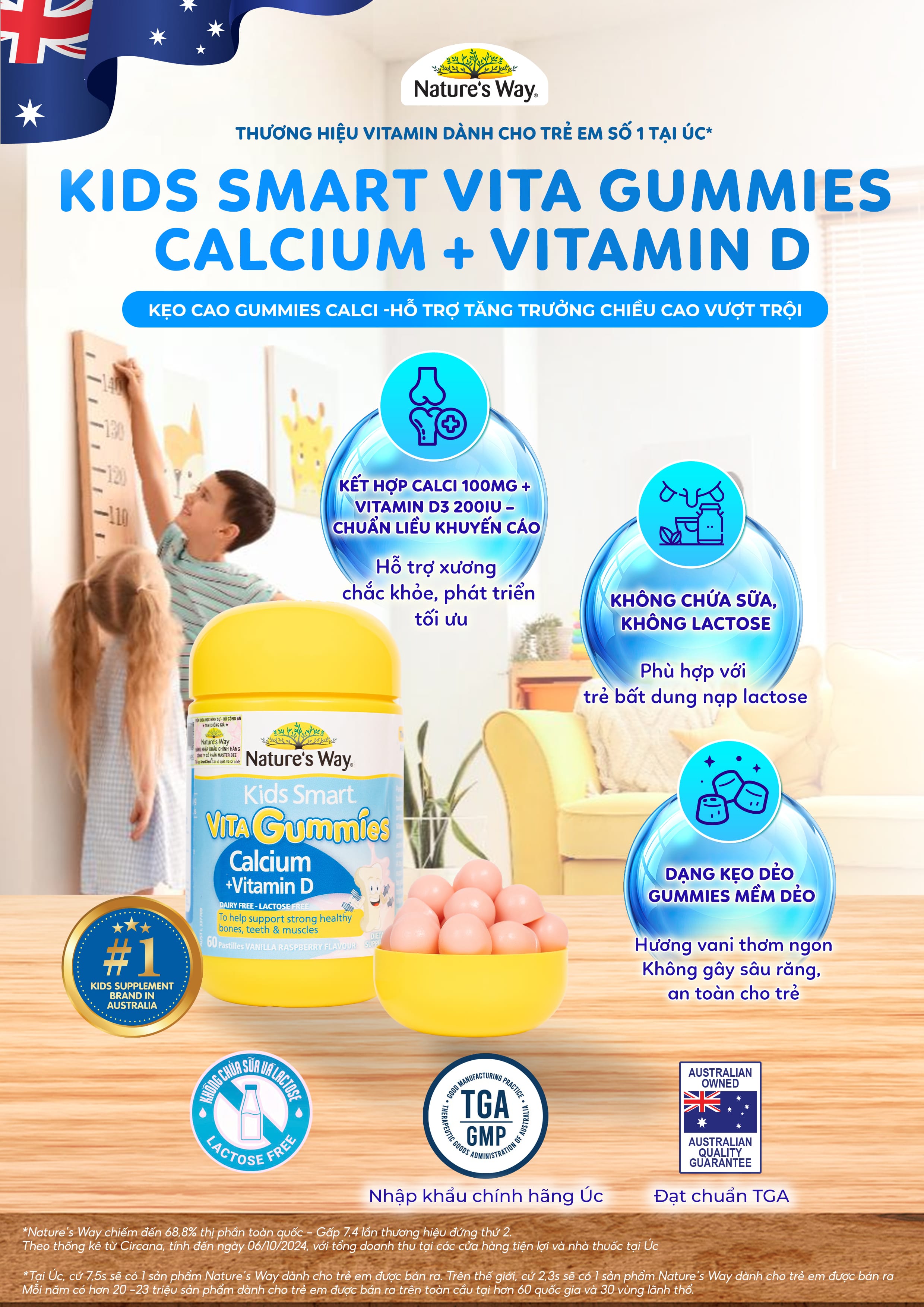 Mô tả Kẹo Dẻo Vi Chất Cho Bé Nature’s Way Kids Smart Vita Gummies Calcium + Vitamin D, Kẹo Cao Hỗ Trợ Phát Triển Chiều Cao 60v - 1