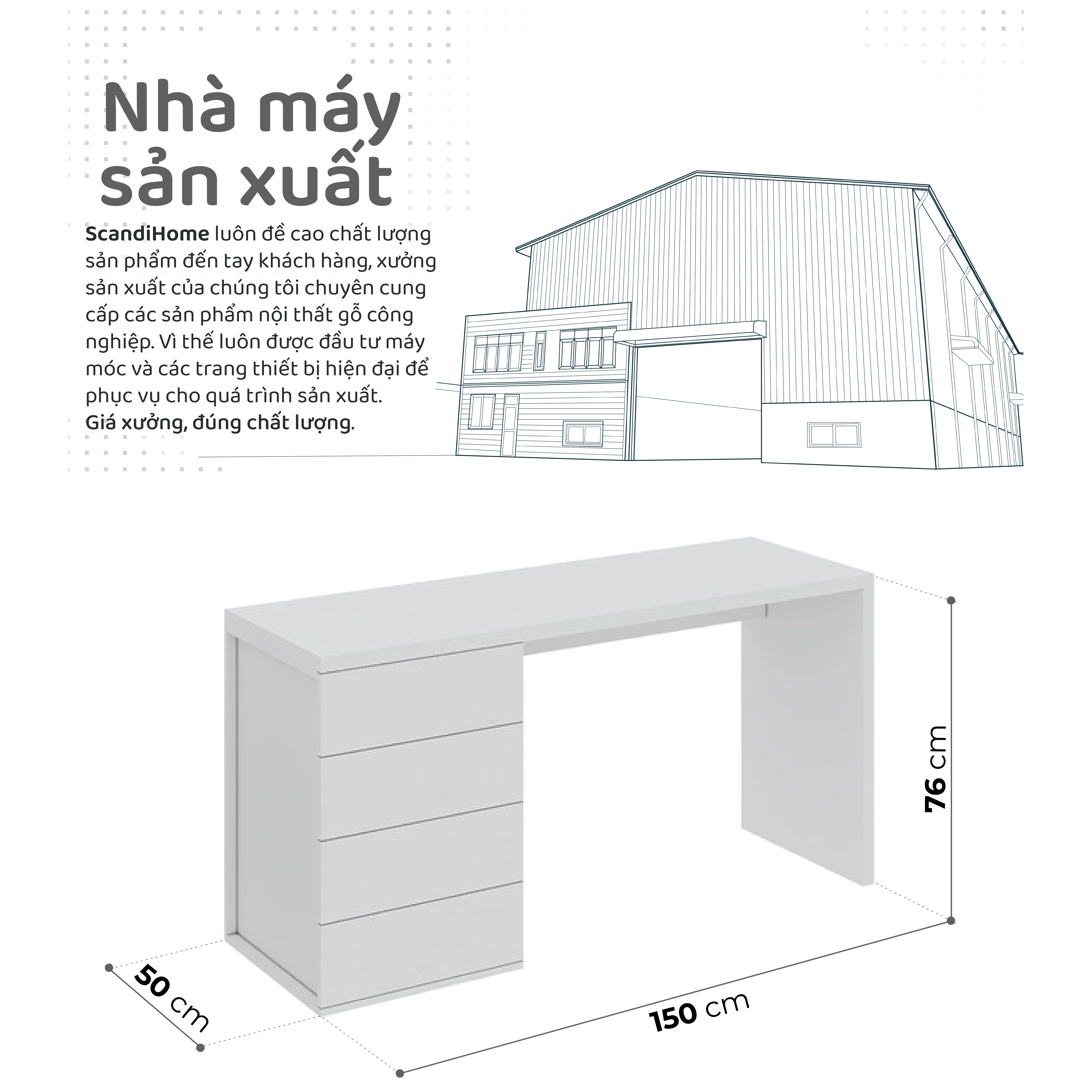 Mô tả GRANDOLA, Bàn làm việc, bàn học, 1 bên tủ DEK_010, 150x50x76cm, bàn gỗ Scandi Home - 1