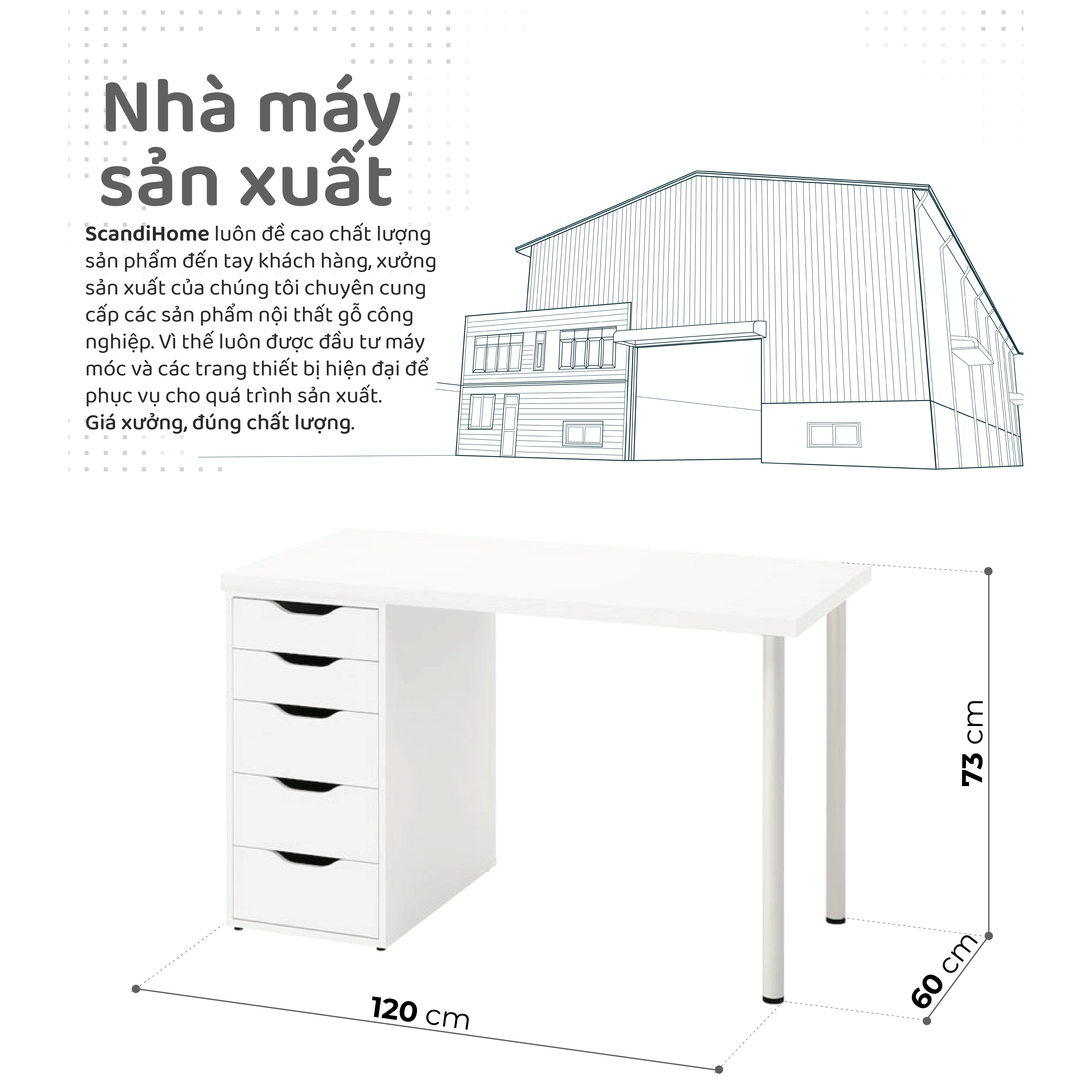 Mô tả DAISY, Bàn làm việc, bàn học 1 tủ ngăn kéo DEK_033, 120x60x73cm, bàn gỗ Scandi Home - 1