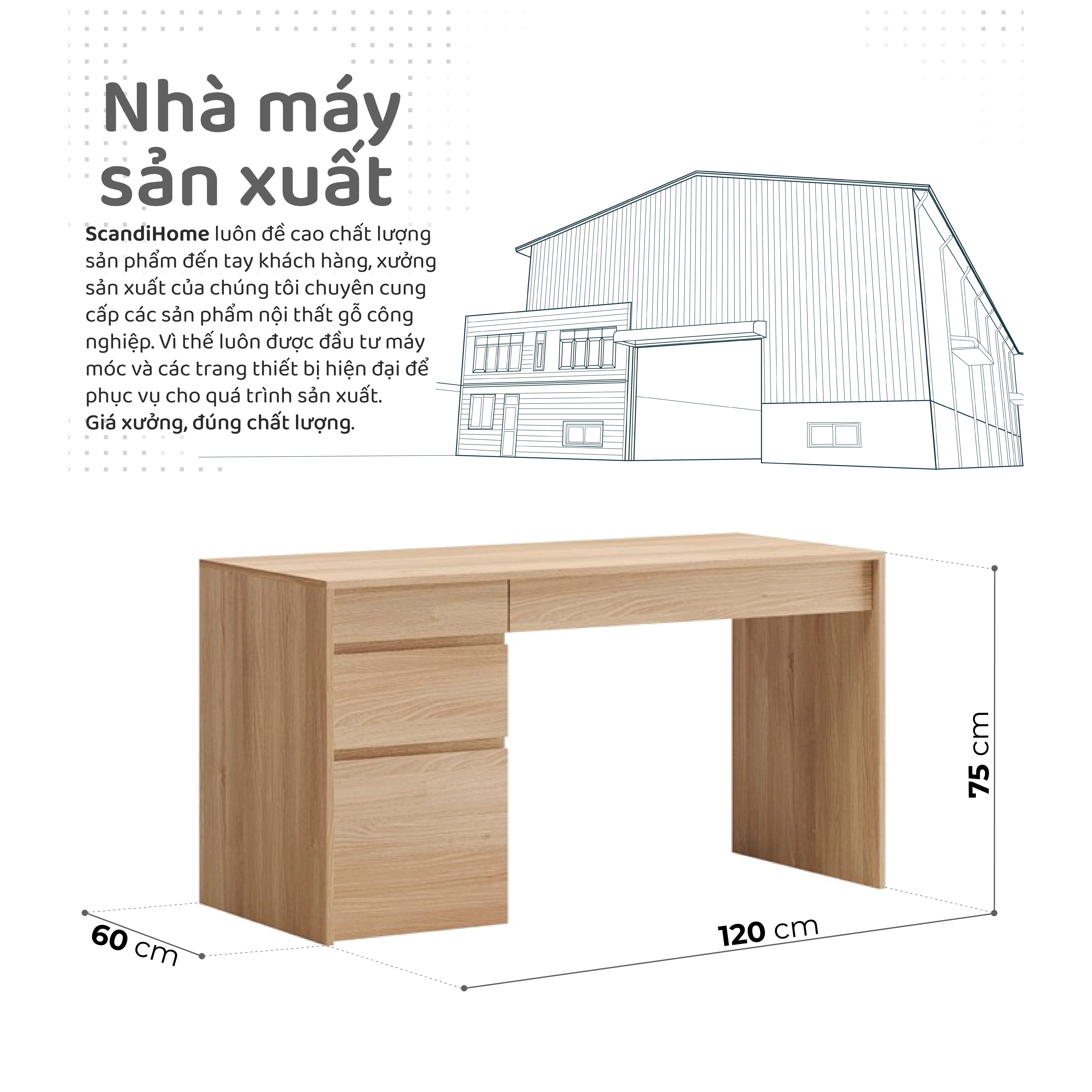 Mô tả DECI, Bàn làm việc, bàn học DEK_095, 120x60x75cm, bàn gỗ Scandi Home - 1