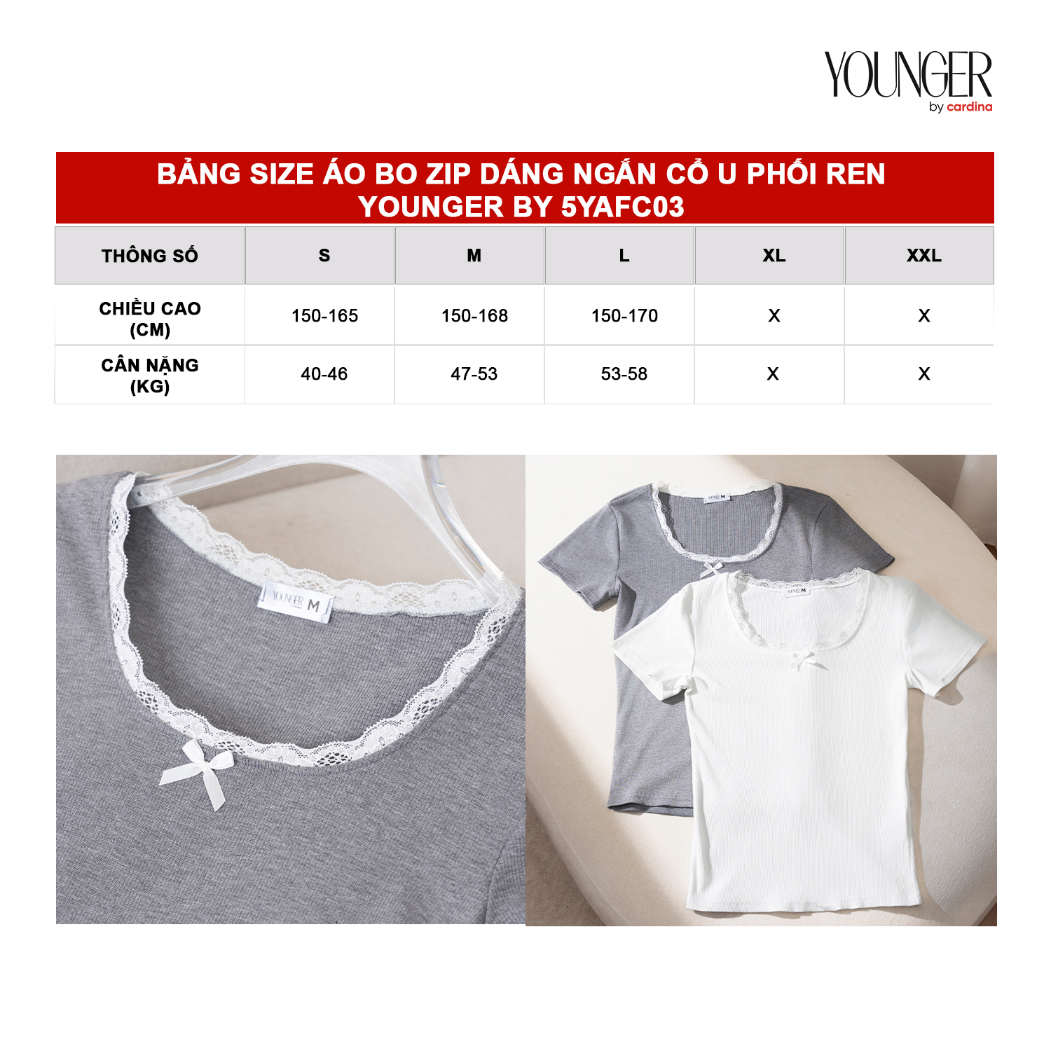 Mô tả Áo thun nữ YOUNGER BY CARDINA chất bozip dáng ngắn cổ U phối ren 5YAFC03 - 7