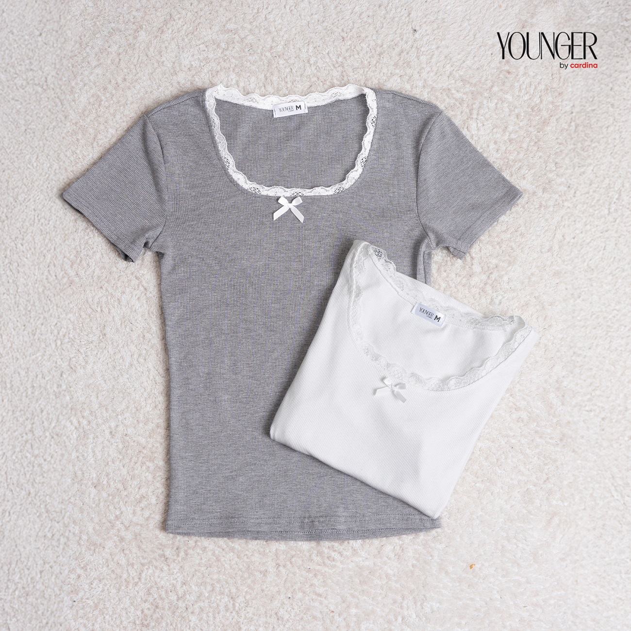 Mô tả Áo thun nữ YOUNGER BY CARDINA chất bozip dáng ngắn cổ U phối ren 5YAFC03 - 2