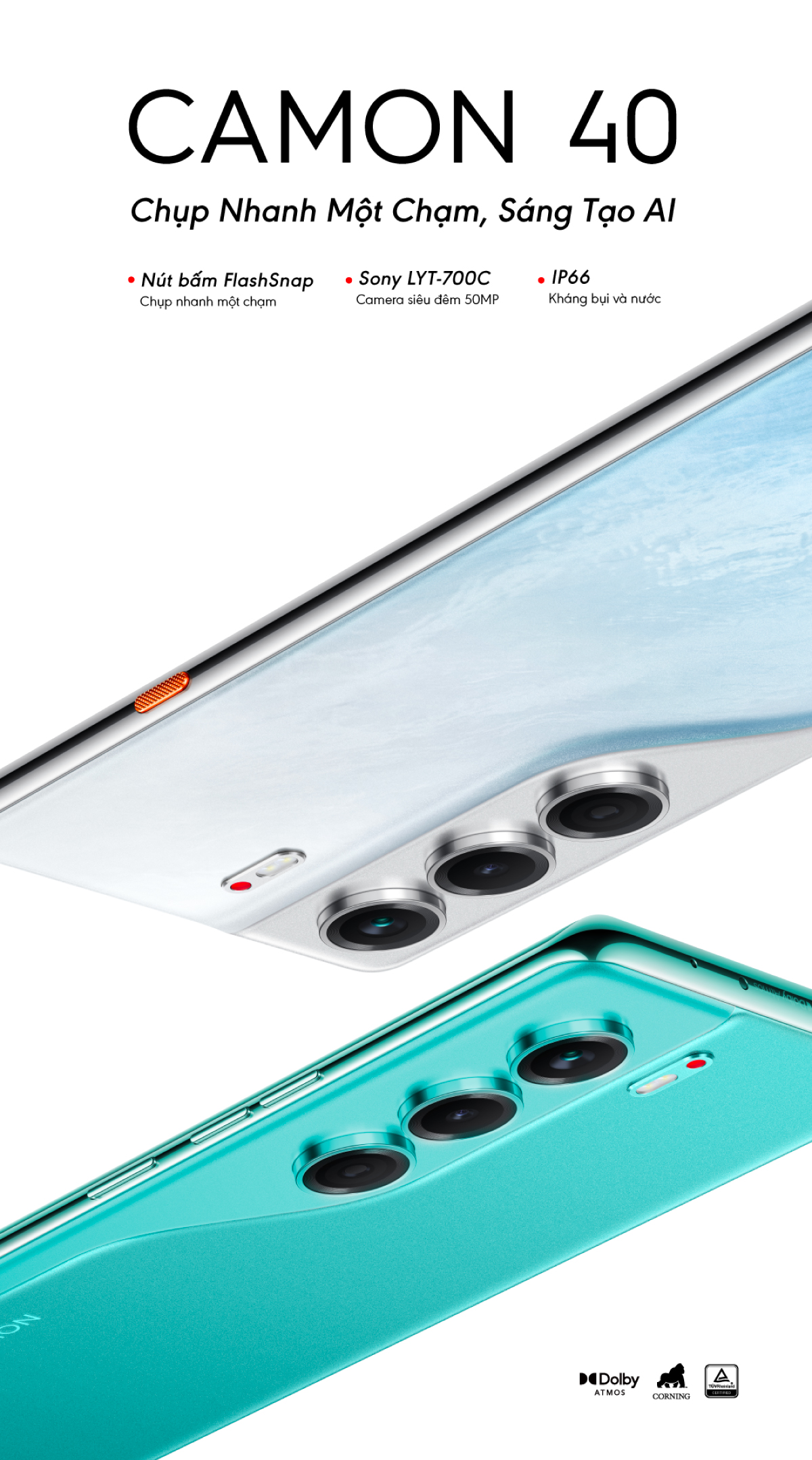 Mô tả Điện thoại Tecno Camon  40 8Gb/256GB - Helio G100 Ultimate - Amoled 120Hz - 5200mAh - 7