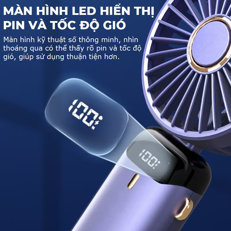 Mô tả Quạt cầm tay mini tích điện pin 6000mah tặng chân đế để bàn nhỏ gọn 5 tốc độ gió Gutek N9 - 3