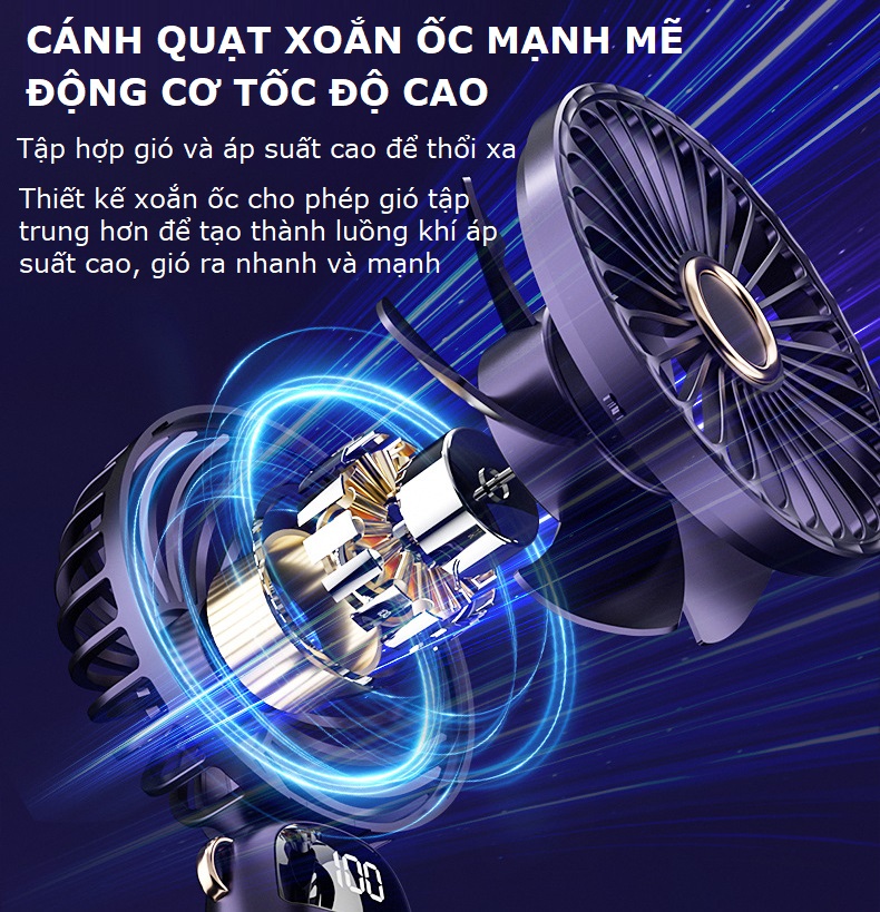 Mô tả Quạt cầm tay mini tích điện pin 6000mah tặng chân đế để bàn nhỏ gọn 5 tốc độ gió Gutek N9 - 4