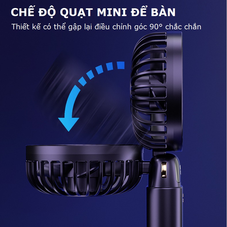 Mô tả Quạt cầm tay mini tích điện pin 6000mah tặng chân đế để bàn nhỏ gọn 5 tốc độ gió Gutek N9 - 5