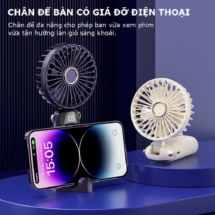 Mô tả Quạt cầm tay mini tích điện pin 6000mah tặng chân đế để bàn nhỏ gọn 5 tốc độ gió Gutek N9 - 6