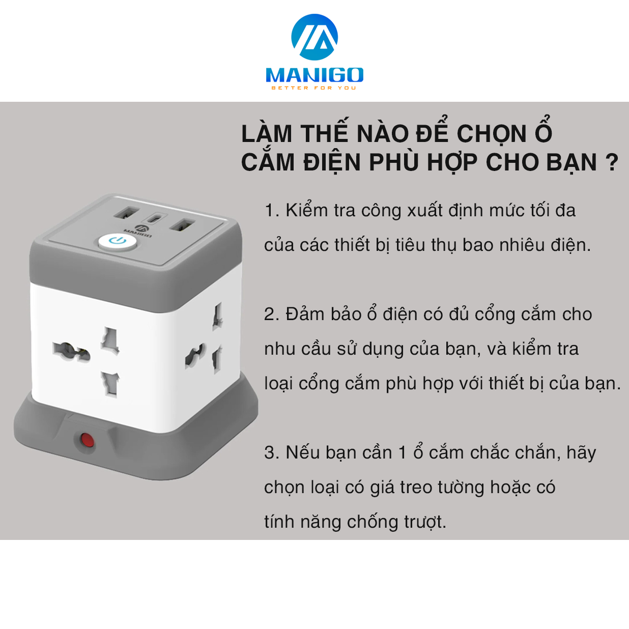 Mô tả Ổ Cắm Điện Đa Năng Manigo Nhiều Lỗ Cắm 2500W Tích Hợp USB TypeC Sạc Nhanh PD20W An Toàn Có Cầu Chì - 3