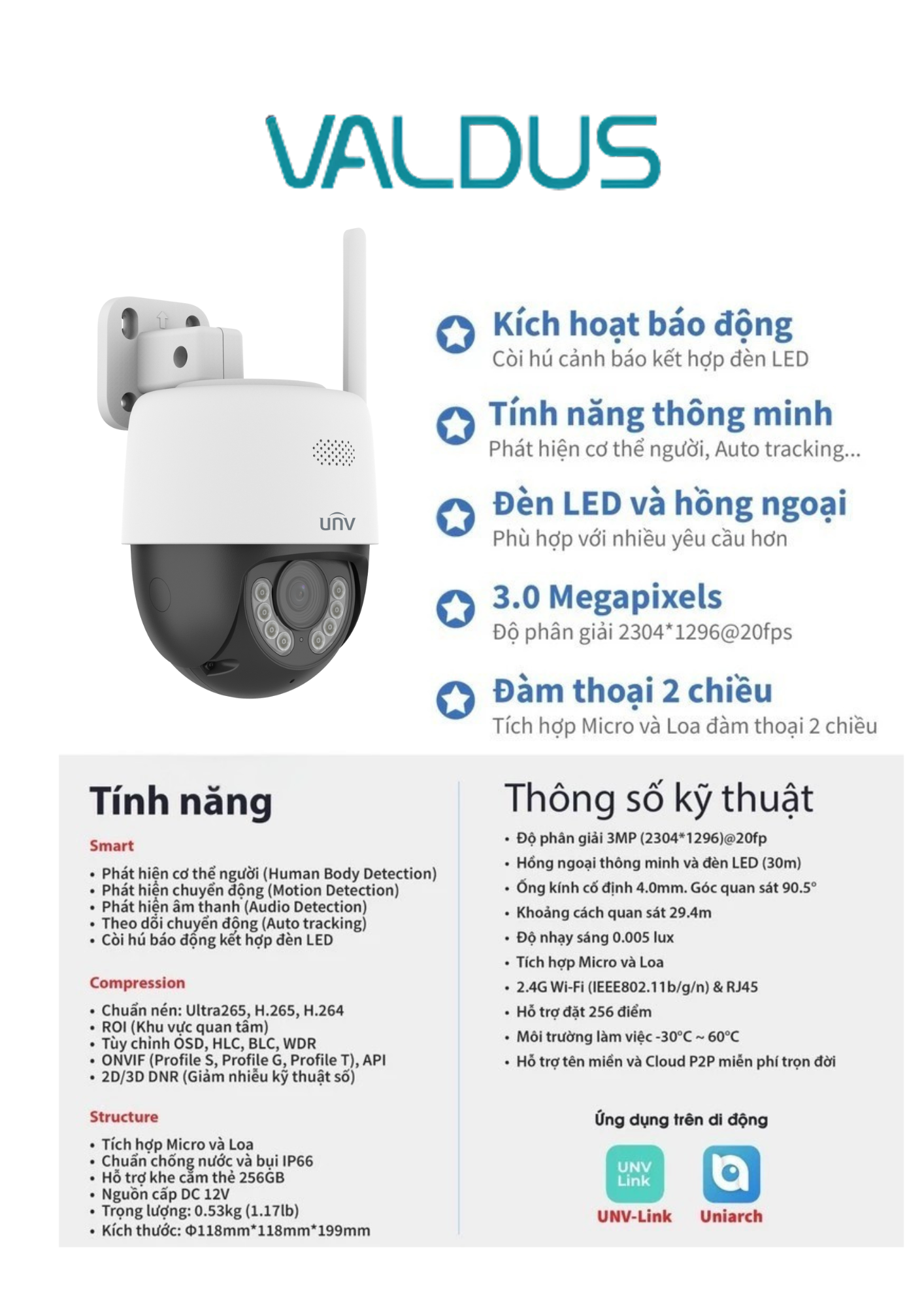 Camera IP Wifi PTZ Ngoài Trời UNV IPC-P1A-M3F4D