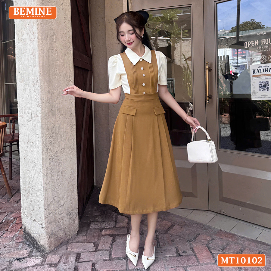 Mô tả Đầm thiết kế BEMINE cổ đức phối xếp ly đính cúc dáng chữ A phù hợp đi làm-MT10102 - 2