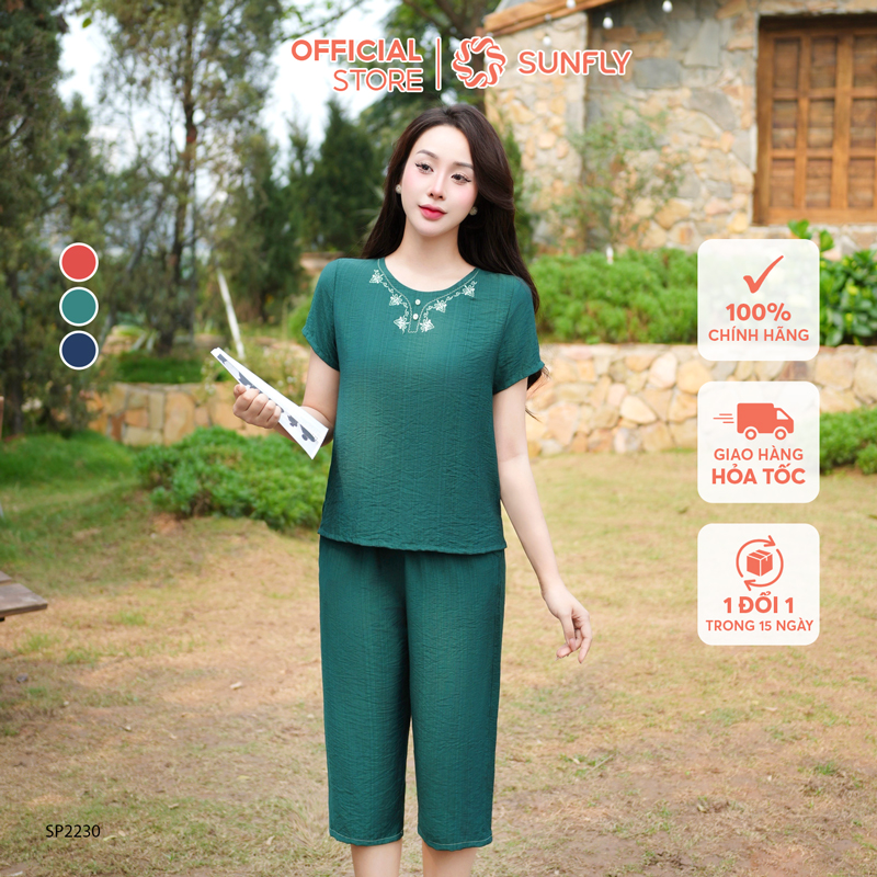 Mô tả Đồ bộ mặc nhà nữ linen SUNFLY áo cộc quần ngố SP2230 - 1