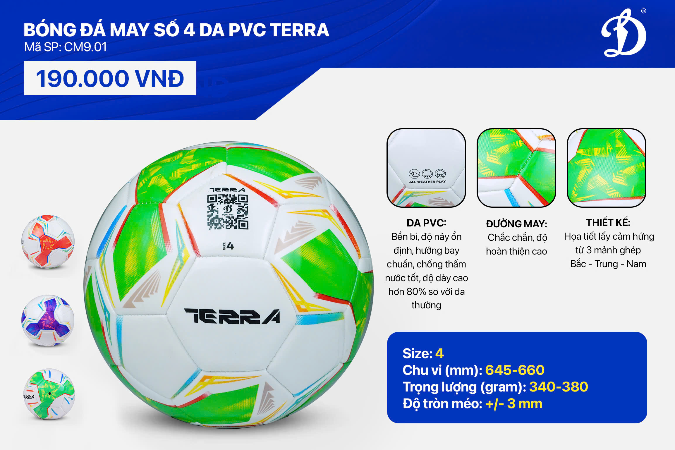 Mô tả Bóng đá Terra may số 2 số 3 số 4 PVC CM9.01 (giao màu ngẫu nhiên) - 1