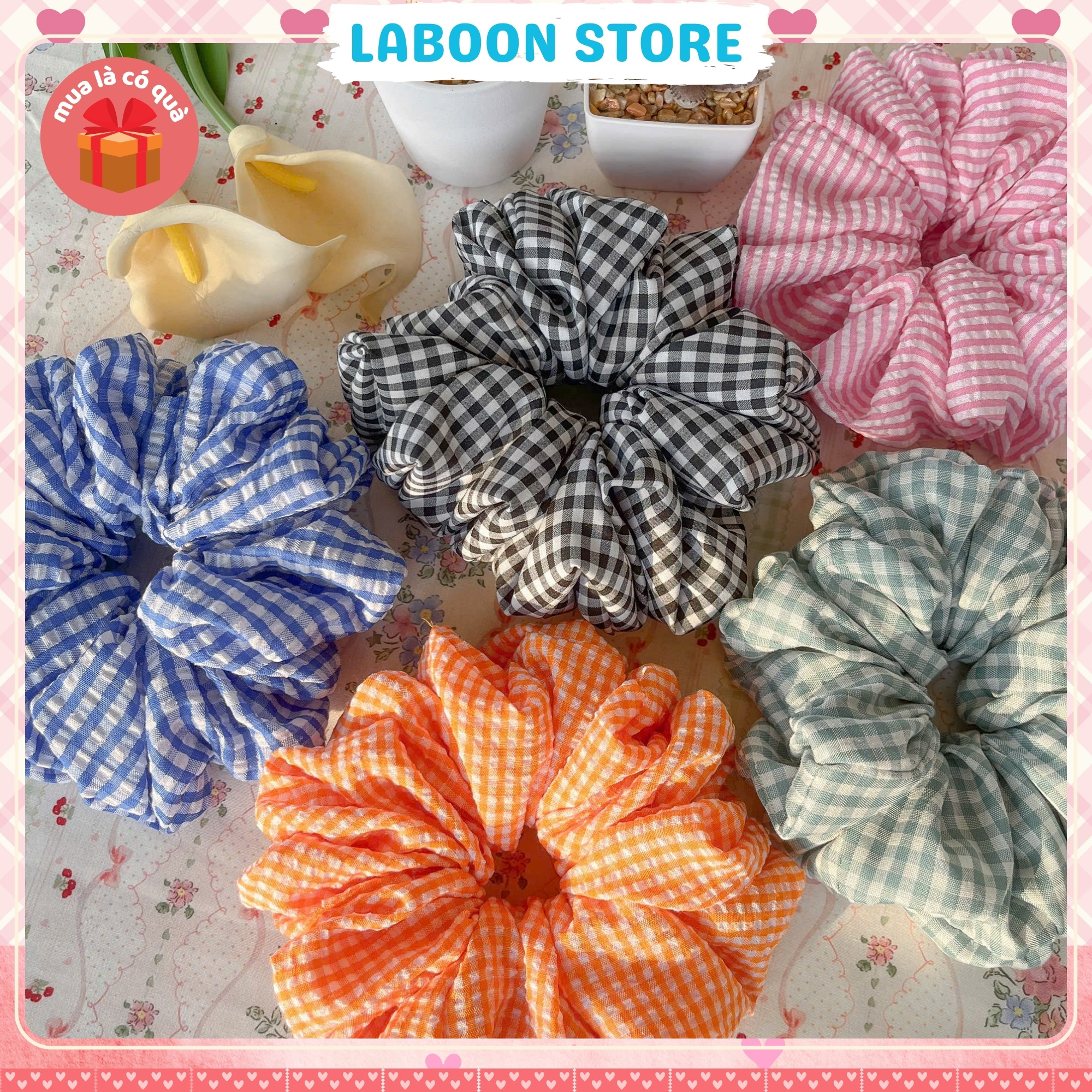 Mô tả Scrunchies vải caro sọc pastel LABOON dây buộc tóc bản to chất vải đủi thô nhún đứng form tóc - 2