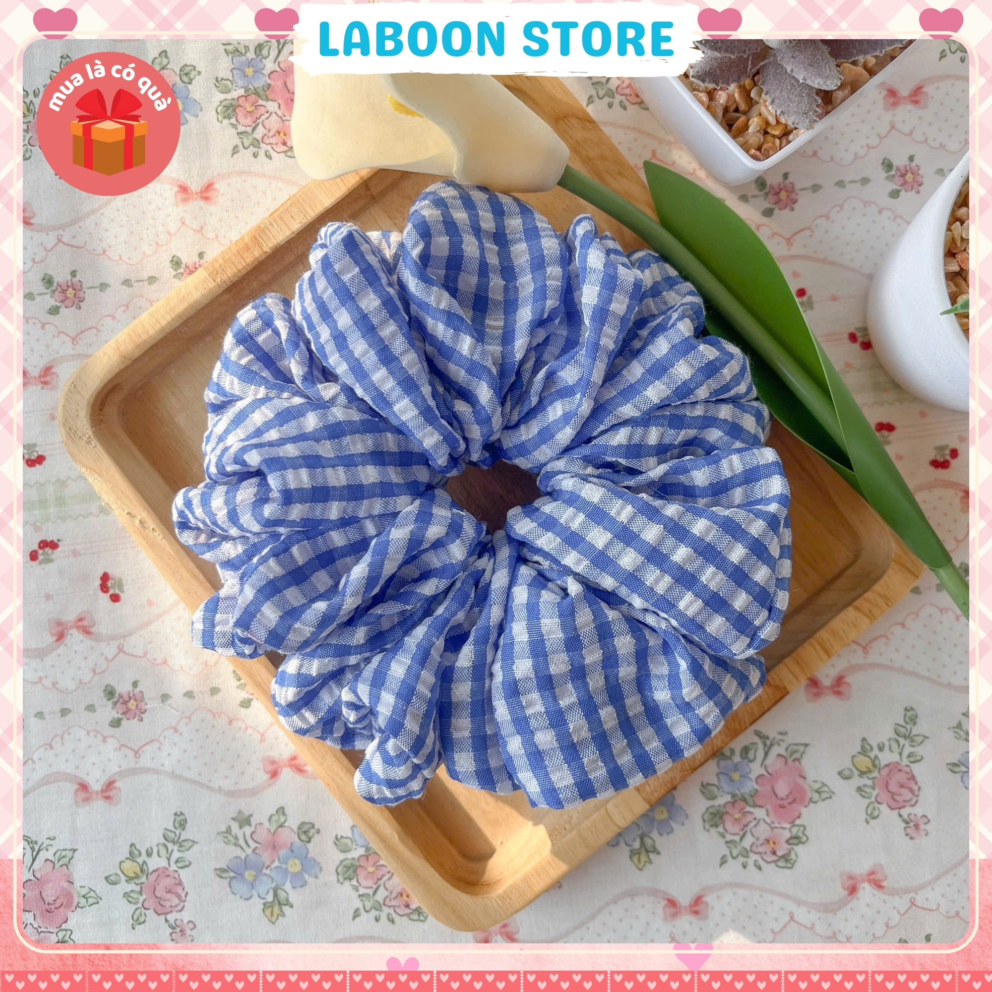 Mô tả Scrunchies vải caro sọc pastel LABOON dây buộc tóc bản to chất vải đủi thô nhún đứng form tóc - 4