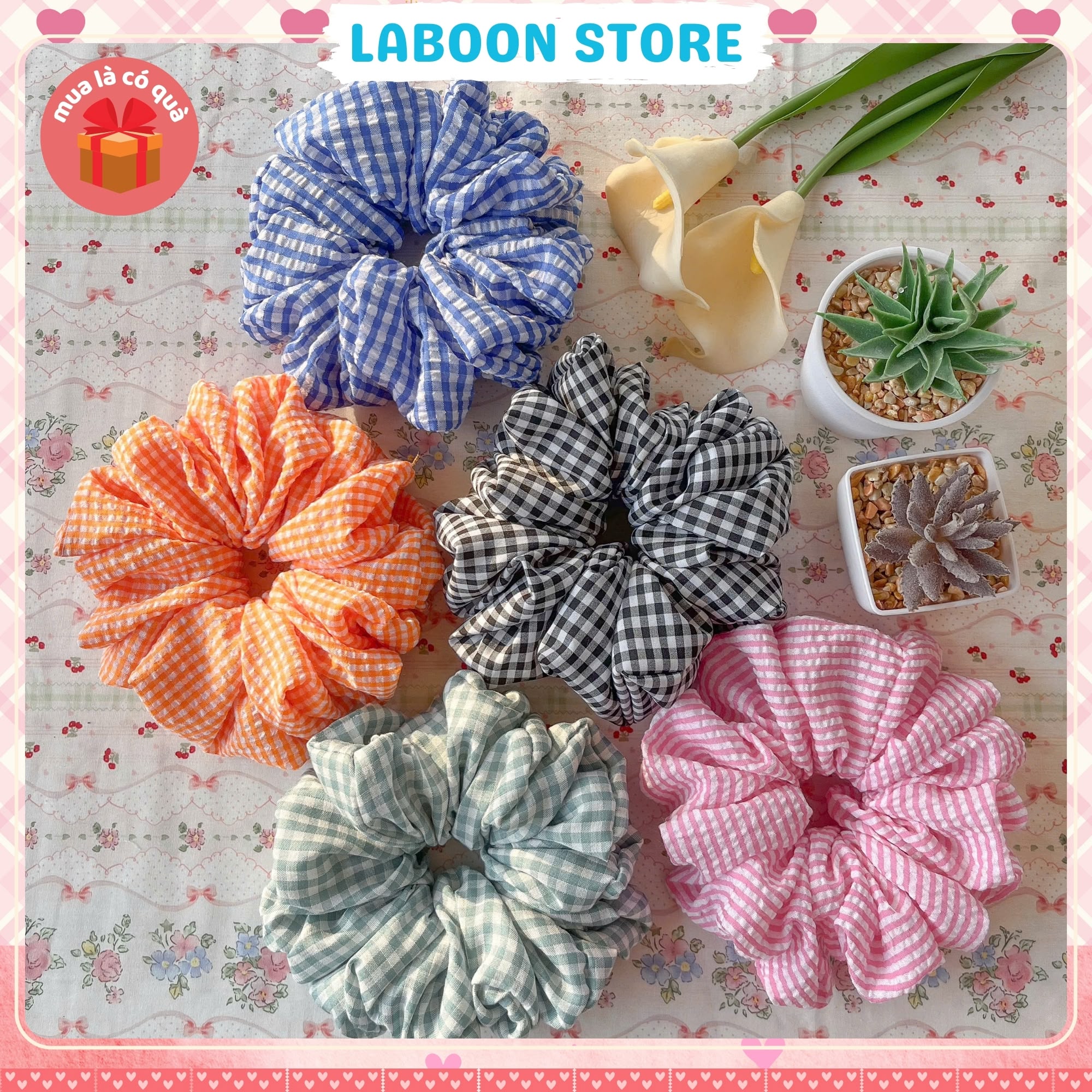 Mô tả Scrunchies vải caro sọc pastel LABOON dây buộc tóc bản to chất vải đủi thô nhún đứng form tóc - 1