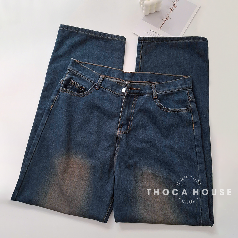 Mô tả Quần jean ống rộng nữ cạp cao wax xanh đậm THOCA HOUSE tôn dáng thời thượng, dễ phối đồ - 1