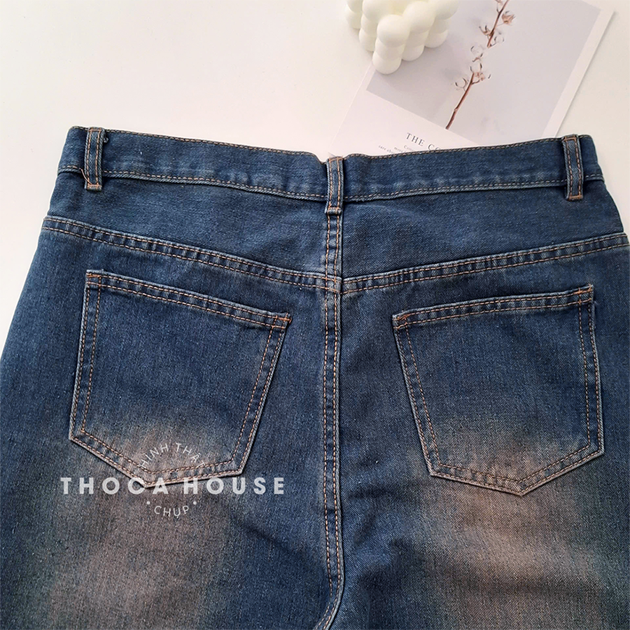 Mô tả Quần jean ống rộng nữ cạp cao wax xanh đậm THOCA HOUSE tôn dáng thời thượng, dễ phối đồ - 3
