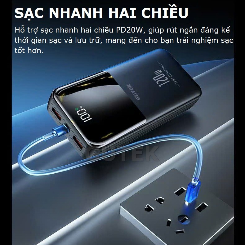 Mô tả Sạc dự phòng 30000mah Pin dung lượng lớn sạc nhanh 120W/PD20W đi kèm dây sạc điện thoại – Gutek GT69 - 4