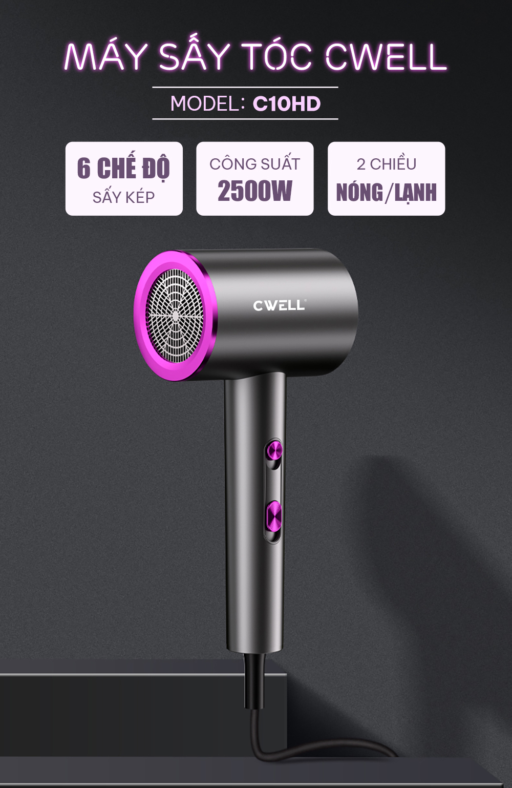 Máy sấy tóc CWELL C10HD thế hệ mới, 6 chế độ sấy kép, sấy 2 chiều nóng ...