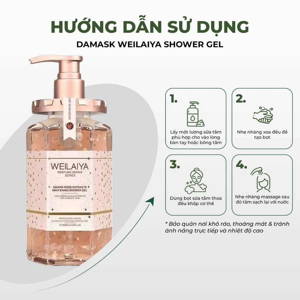 Mô tả Sữa tắm dưỡng trắng cánh hoa hồng Damask Weilaiya Shower Gel làm sạch và sáng da toàn thân 450ml - 4