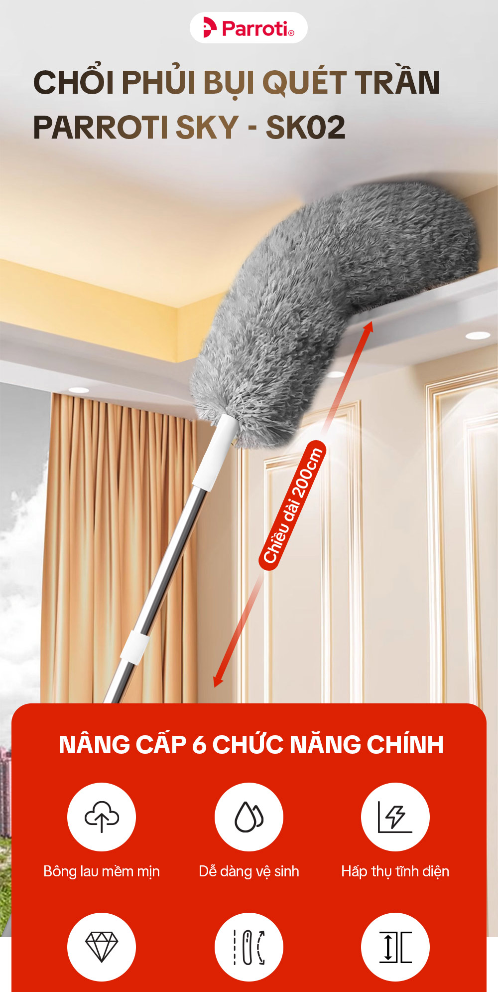 Mô tả Chổi Phủi Bụi Trần Nhà, Cây Phủi Bụi Đa Năng Cán Nhôm Tăng Giảm Độ Dài Parroti Sky - SK02 - 1