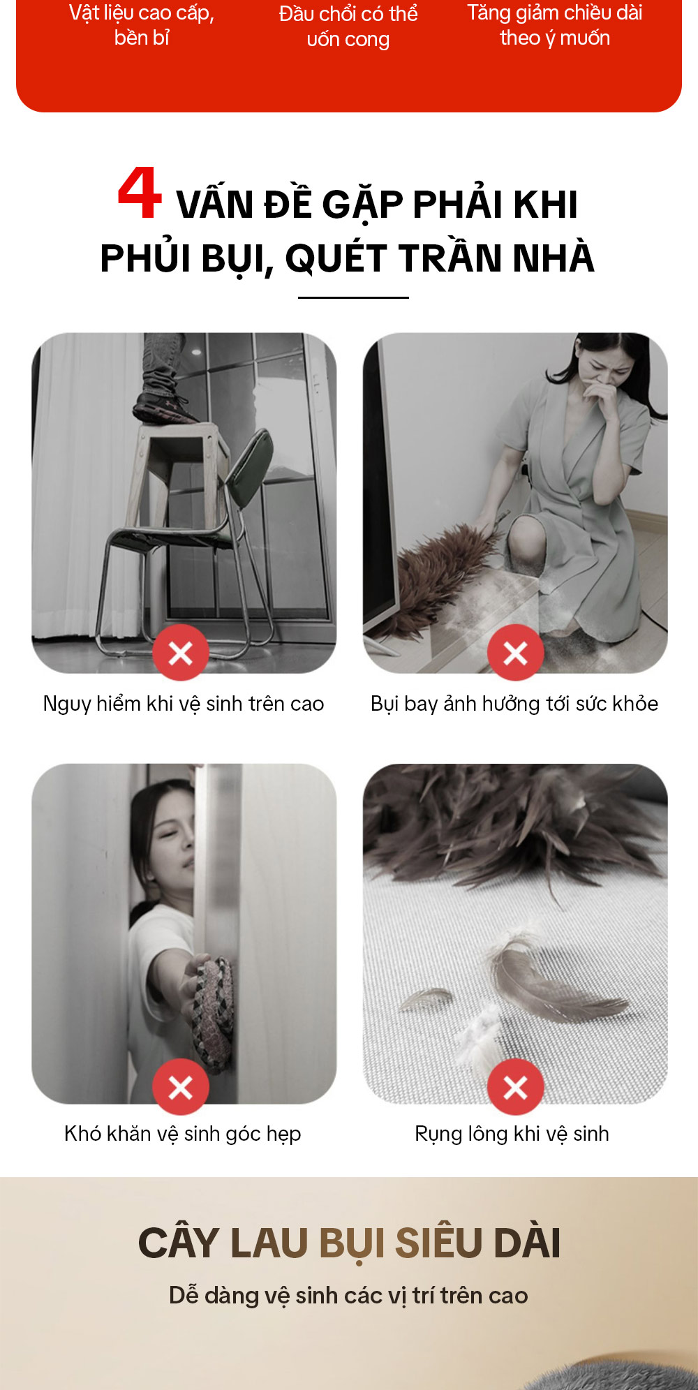 Mô tả Chổi Phủi Bụi Trần Nhà, Cây Phủi Bụi Đa Năng Cán Nhôm Tăng Giảm Độ Dài Parroti Sky - SK02 - 2
