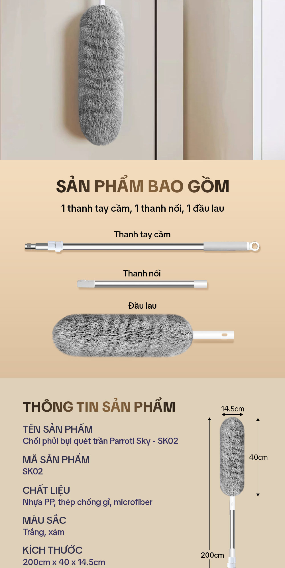Mô tả Chổi Phủi Bụi Trần Nhà, Cây Phủi Bụi Đa Năng Cán Nhôm Tăng Giảm Độ Dài Parroti Sky - SK02 - 11