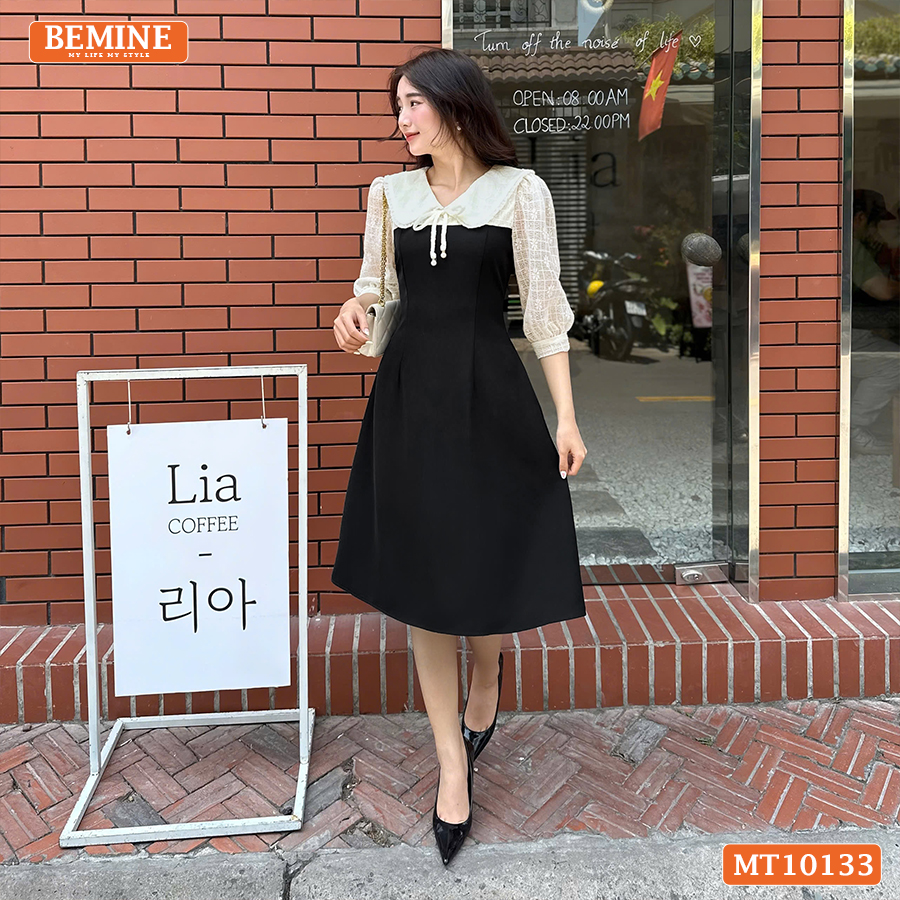 Mô tả Đầm thiết kế BEMINE cổ V phối ren thêu hoa tay lửng dáng chữ A phù hợp đi làm, đi chơI-MT10133 - 2